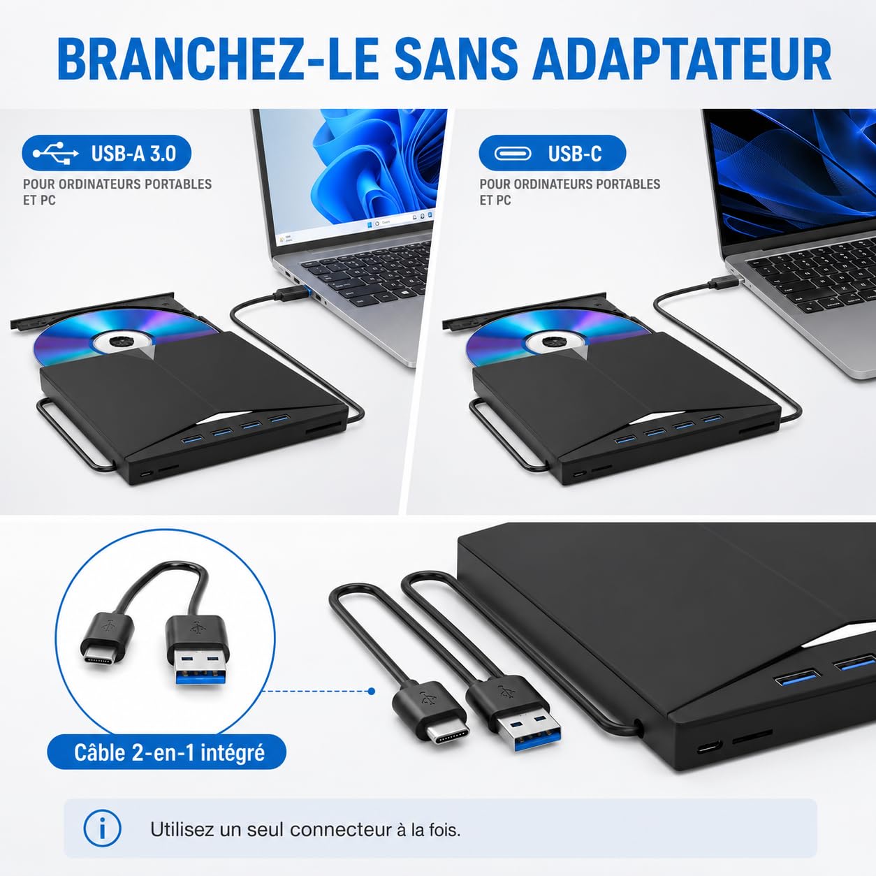 Lecteur Graveur Blu-Ray Externe 7-en-1, USB 3.0/USB-C, 4 USB, SD/TF
