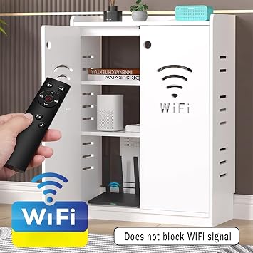 WiFi Router Storage Box, Storage Cabinet with Adjustable Shelves, Floor Standing Home Media Storages Cabinet, Standing Cabinets Perfect for Home and Office(White,60cm/23.6in B)