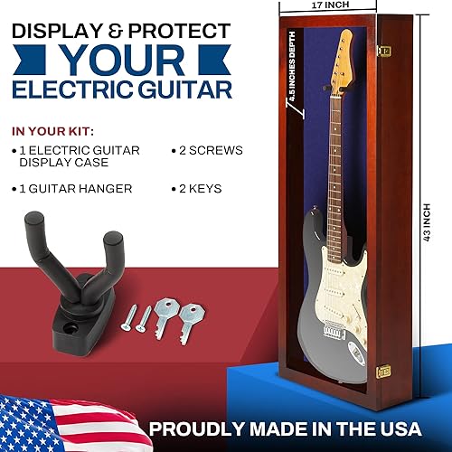 Miniatura 6 de PENNZONI Vitrina para guitarra eléctrica, montaje en pared de madera dura y acrílico, cereza con fieltro azul