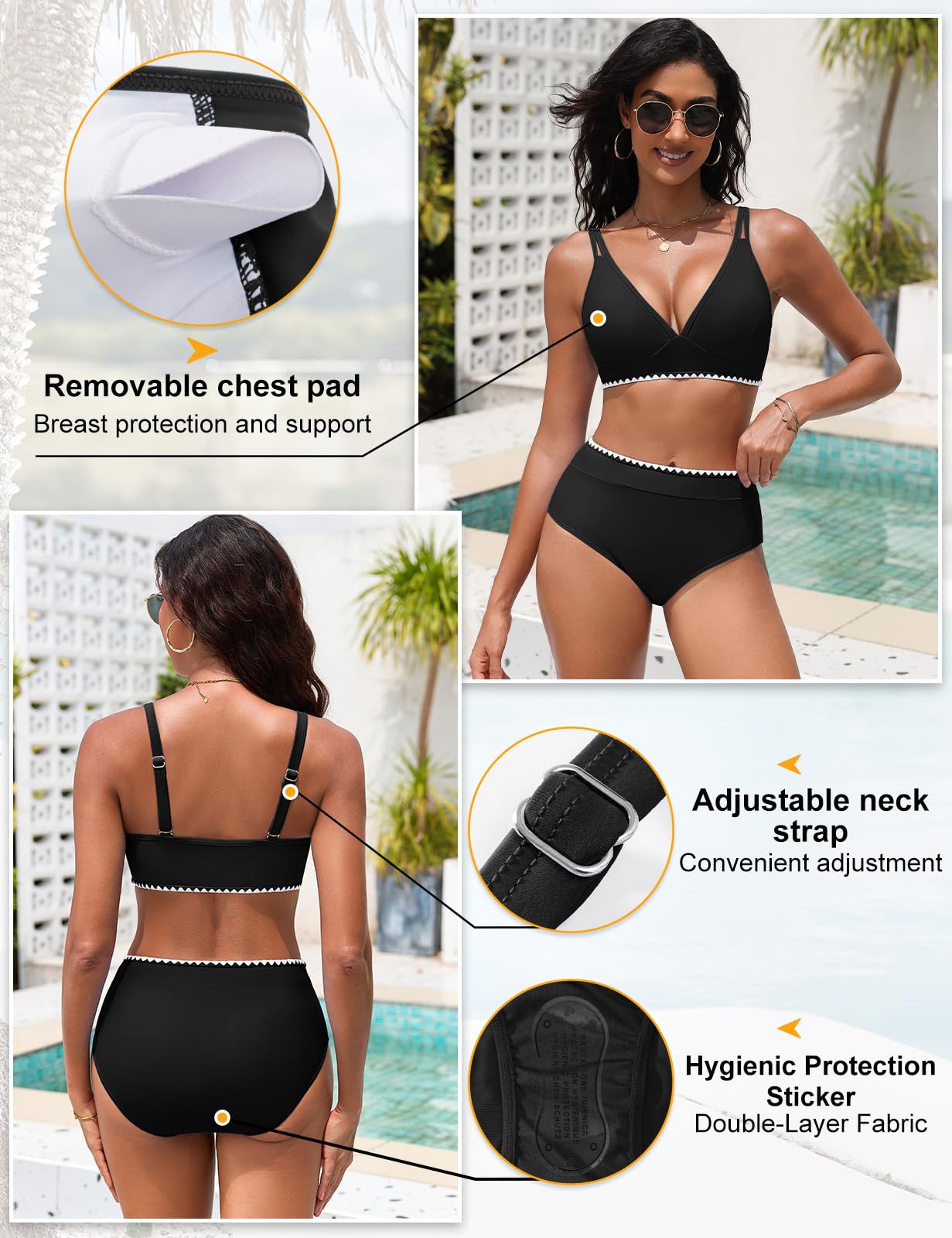 Bikini Mujer Cintura Alta Push Up Cuello En V Bañadores 2 Piezas Pliegues Reductores Control Abdominal