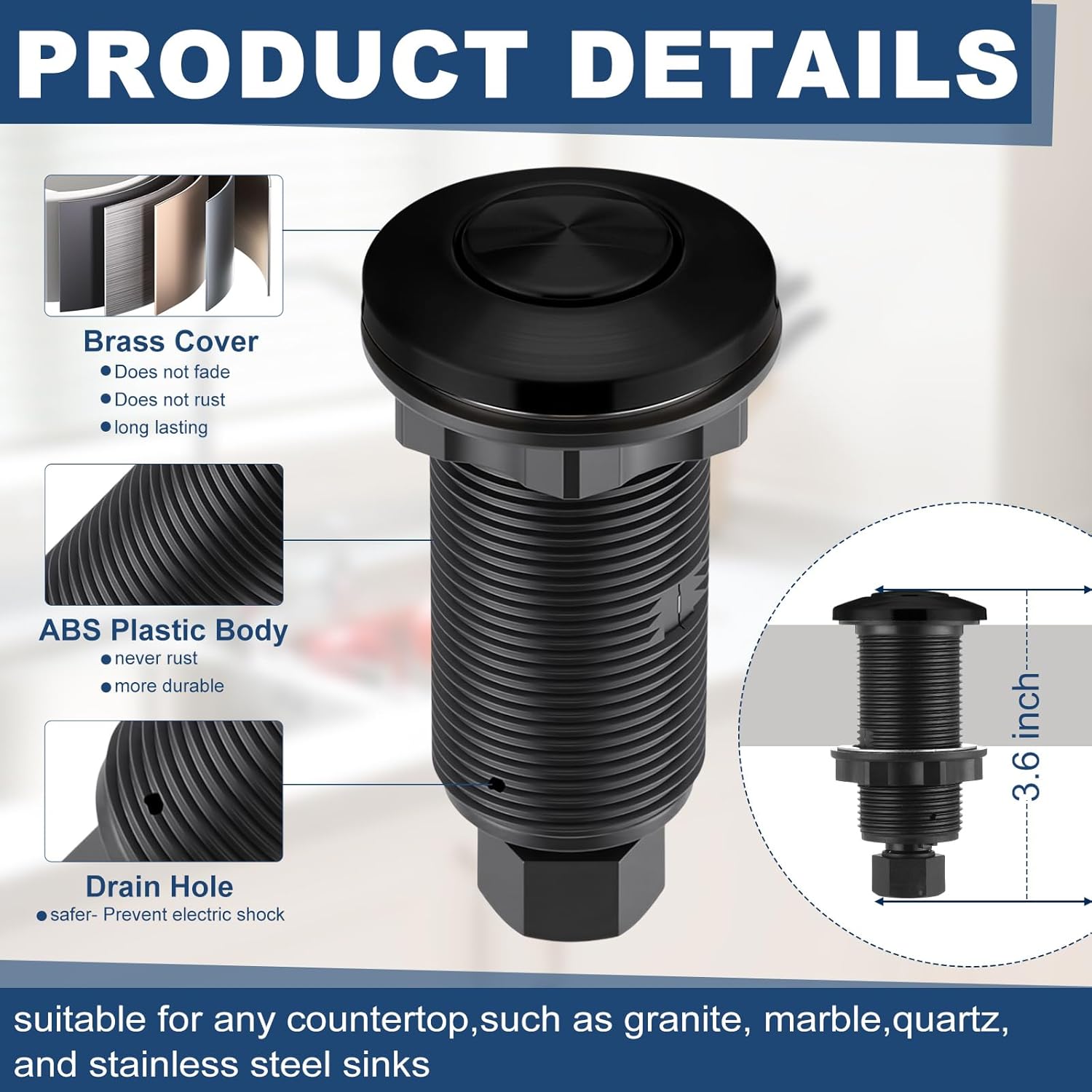 Relaxweex Garbage Disposal Air Switch Kit Wireless Sink Top Garbage Disposal Button Stainless Steel/On/Off Waterproof Button Kit with Long Switch Matte UL Listed(Single Outlet,Black,Short Size)