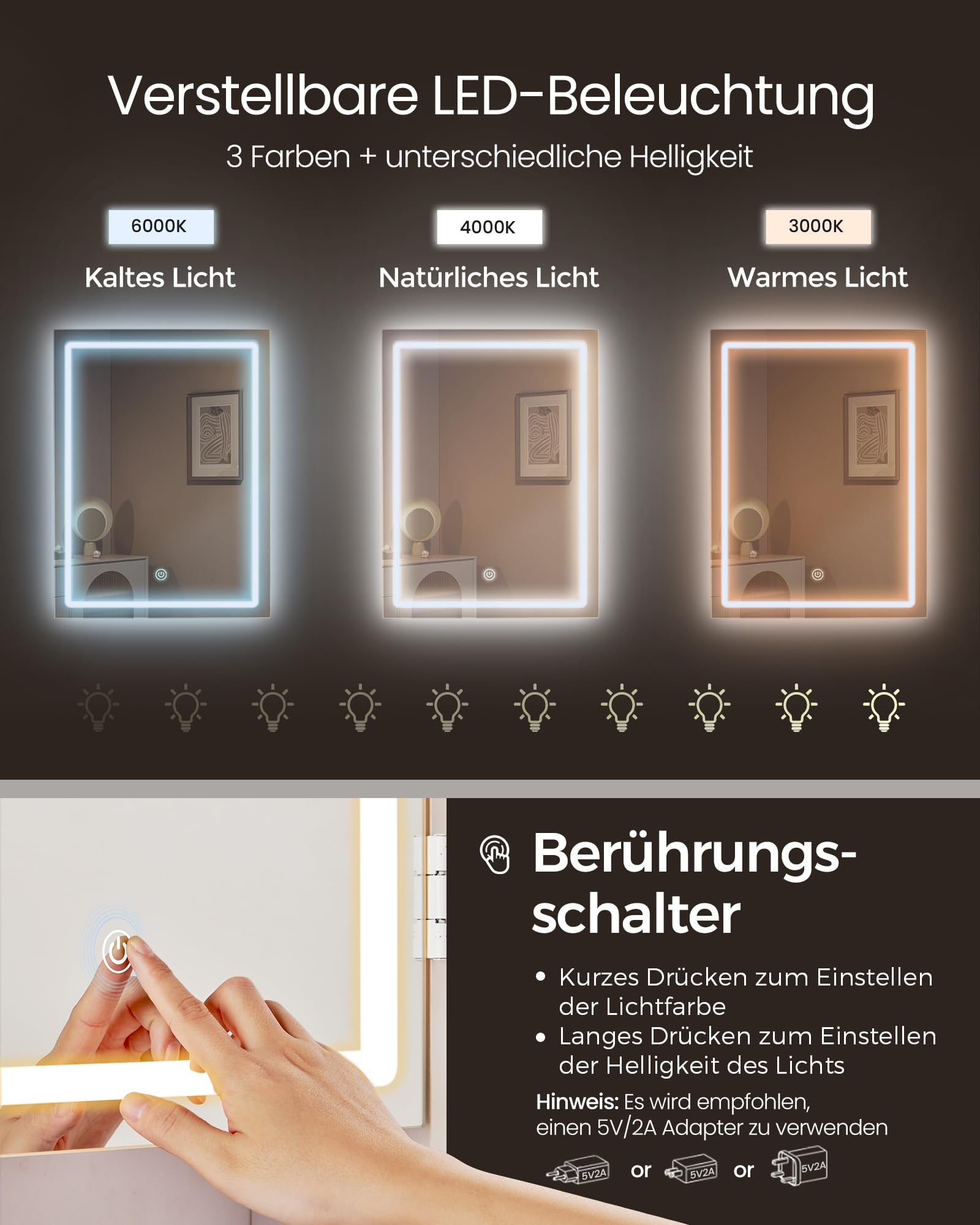 VASAGLE Kailyn Kollektion - Schminktisch mit LED-Beleuchtung, 3 einstellbare Lichtfarben, Frisiertisch mit Spiegel, Schubladen, offene Fächer, mit Hocker, verstellbare Ablagen, wolkenweiß RDT125W01