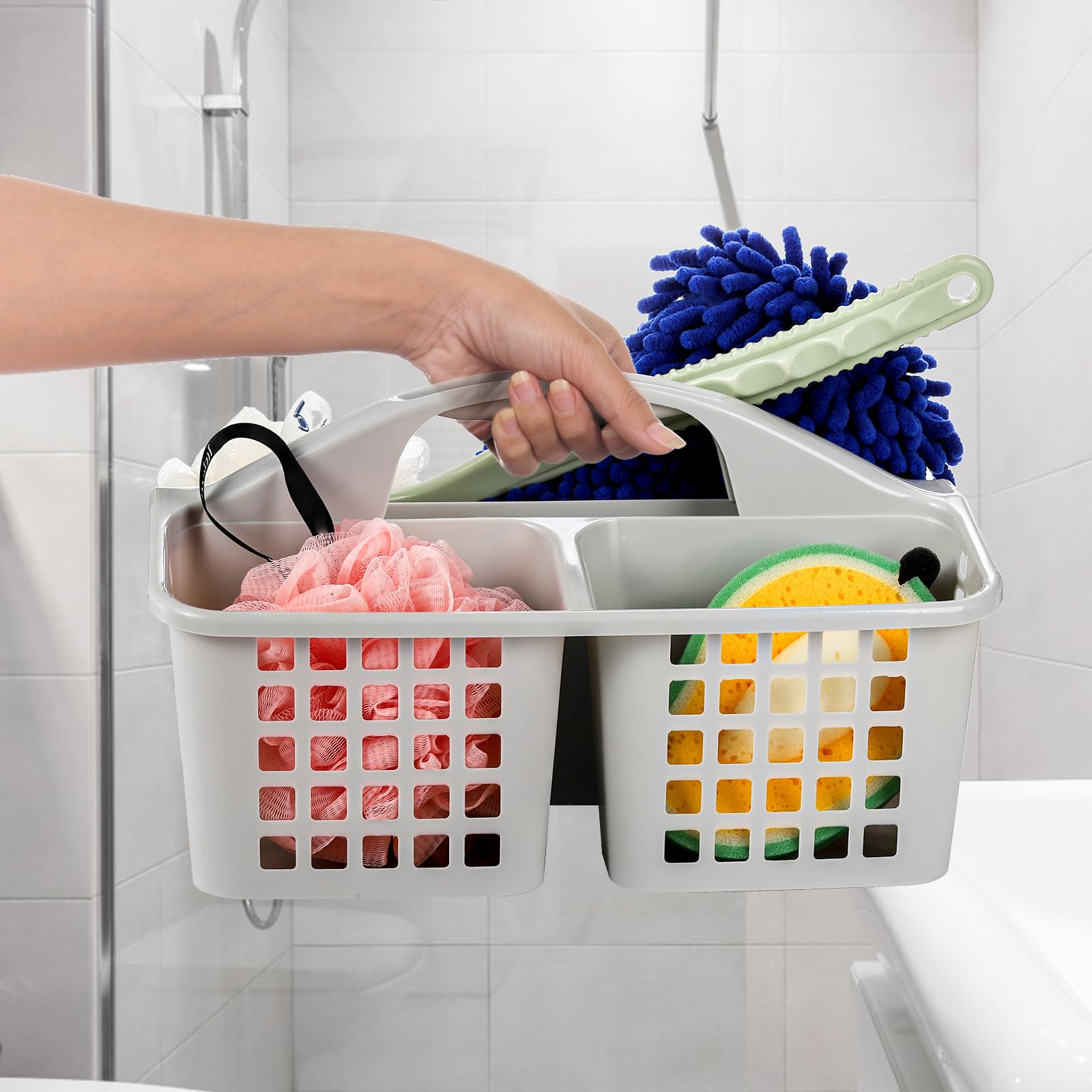 Lawei 4 Pack Plastic Shower Caddy Basket with Compartments, Portable Cleaning Supplies Organizer with Handle, Drainage Storage Toiletry Organizer Bin for Bathroom, College Dorm, Gray