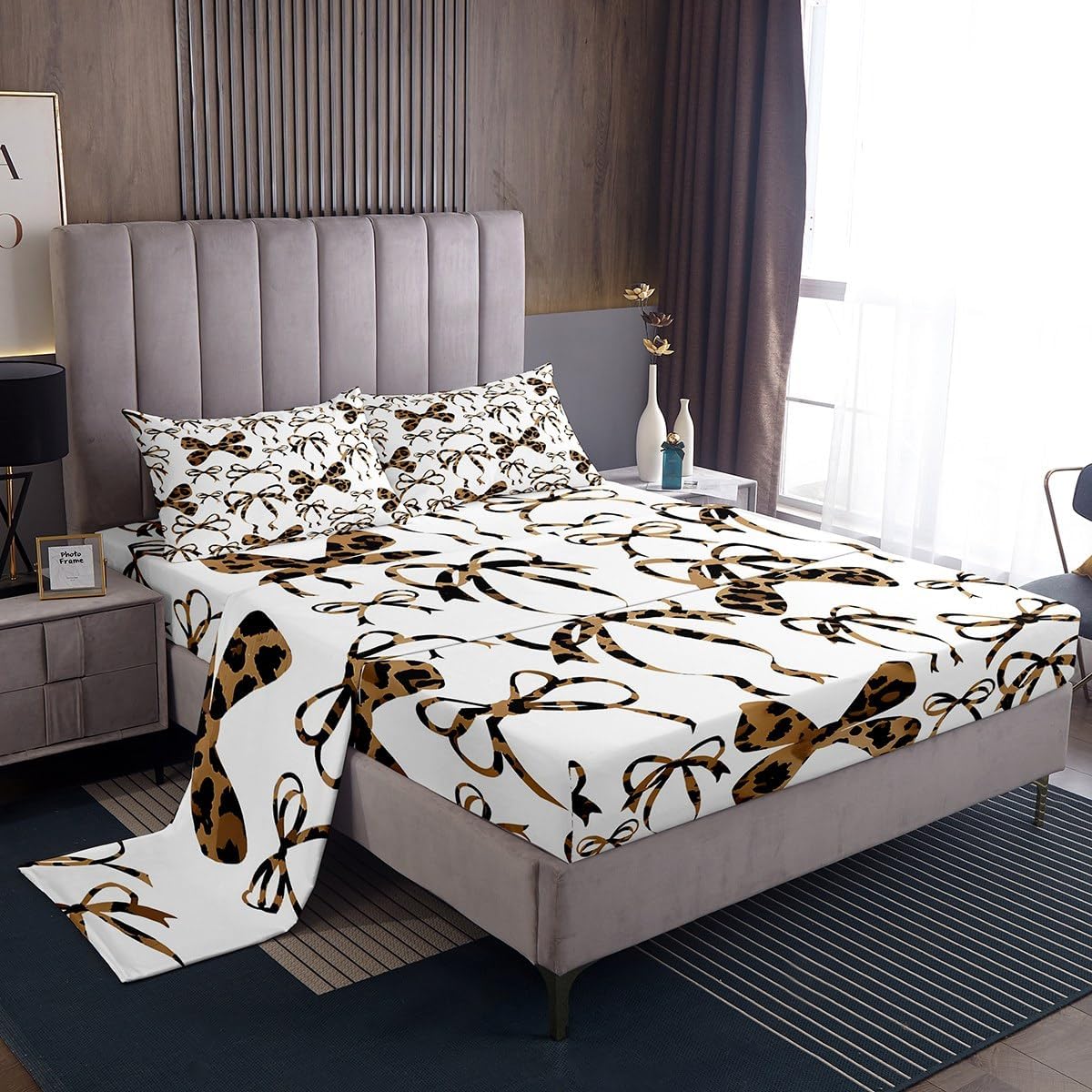 jejeloiu Cute Bowknot Fitted Sheet Twin Size Brown Black Girls Bow Bed Sheets Set Kawaii Leopard Bedding Set Breathable Soft Princess Decor