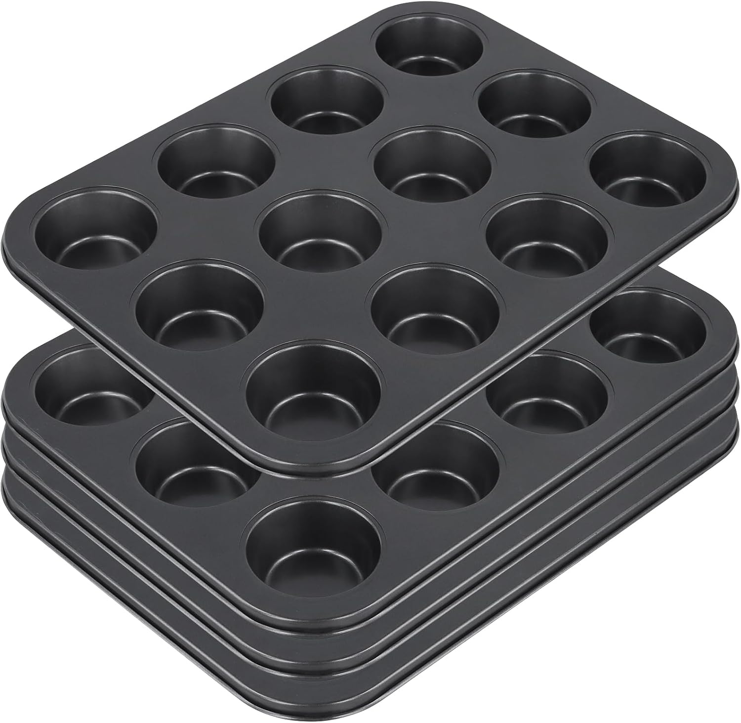 12-Cup Muffin Pan, Non-Stick Cupcake Baking Tin, 4 Pack Carbon Steel Cup Cake Tray for Oven Baking Cheesecake, Quiche, Easy Clean, Gray, 13.9"x10.4"x1.1"
