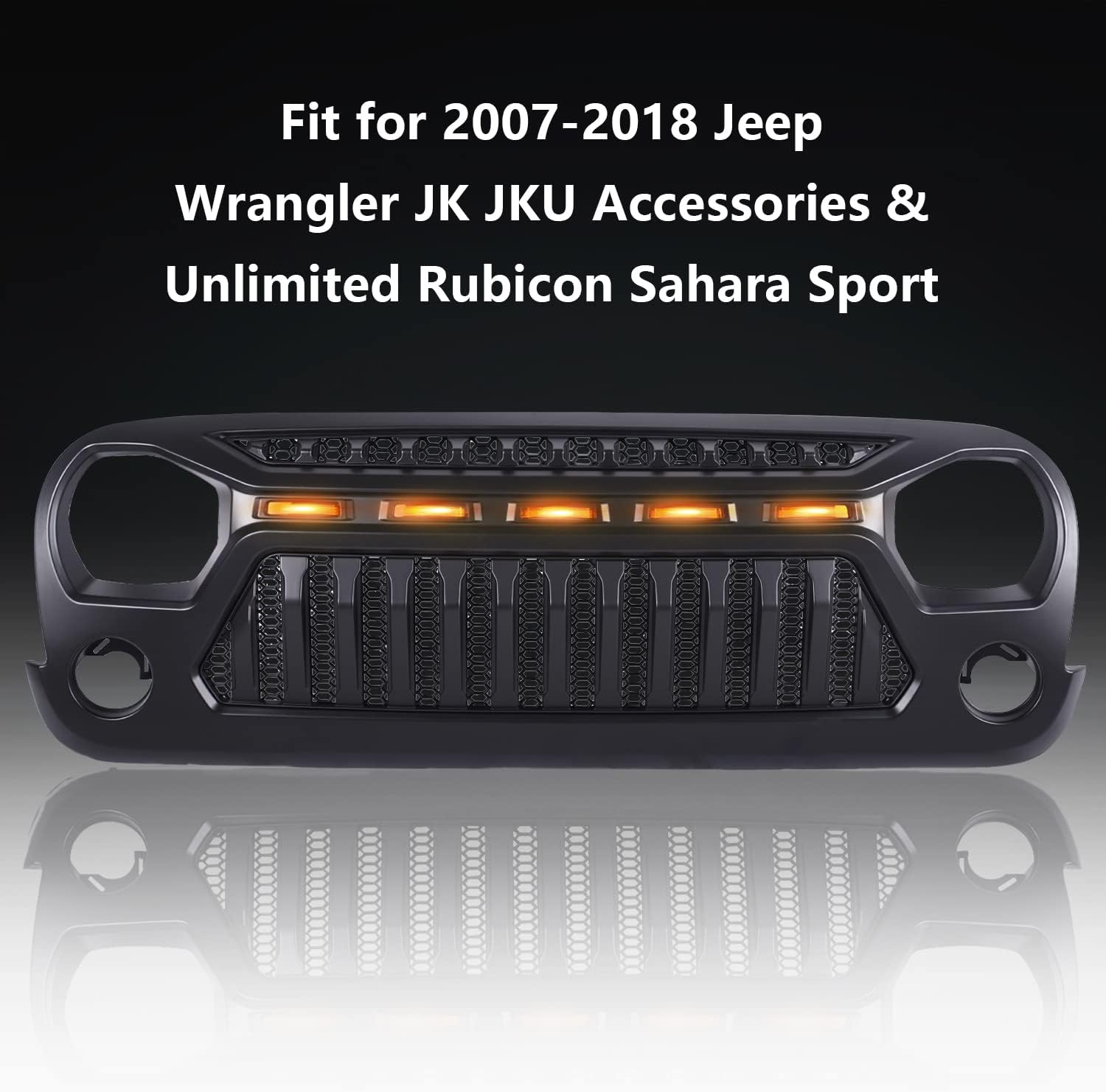 Front Grill Mesh Grille Cover Matte Black with Amber LED Running Lights for 2007-2018 Jeep Wrangler JK JKU Accessories & Unlimited Rubicon Sahara Sport, ABS