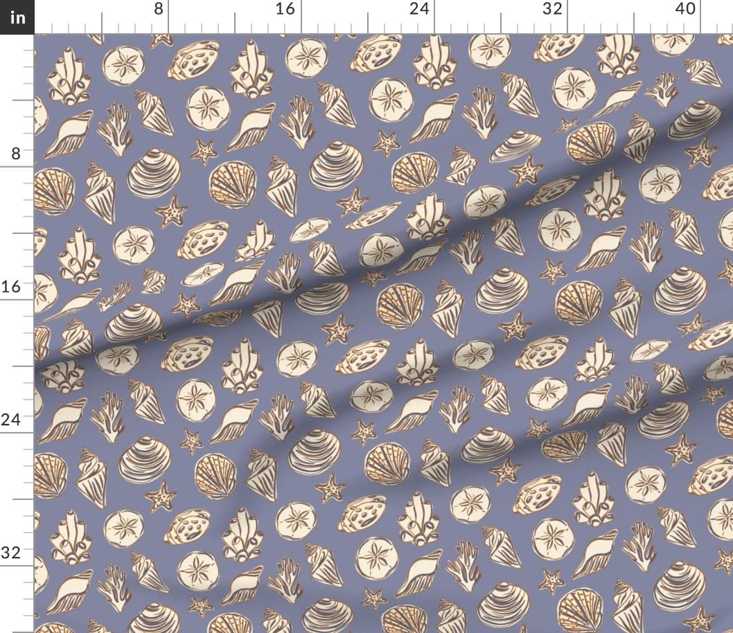 Spoonflower Fabric - Seashells on Blue,Coastal Nautical,Ocean Beach,Seashore,Dusty Blue Printed on Petal Cotton Fabric Fat Quarter - Sewing Quilting Apparel Crafts Decor
