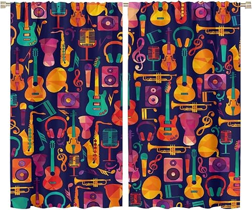 Miniatura 34 de Cortinas de música retro, notas musicales abstractas en blanco y negro, con bolsillo para barra, cortinas opacas para ventana para sala de estar,