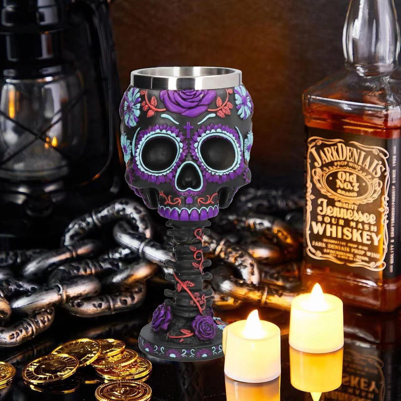 Gothic Ossuary Palm Skull Skeletal Bones Armor Wine Cup Resin Body Goblet Drinking Cup Party Drinkware Halloween Decor Accessories for Party (Purple)