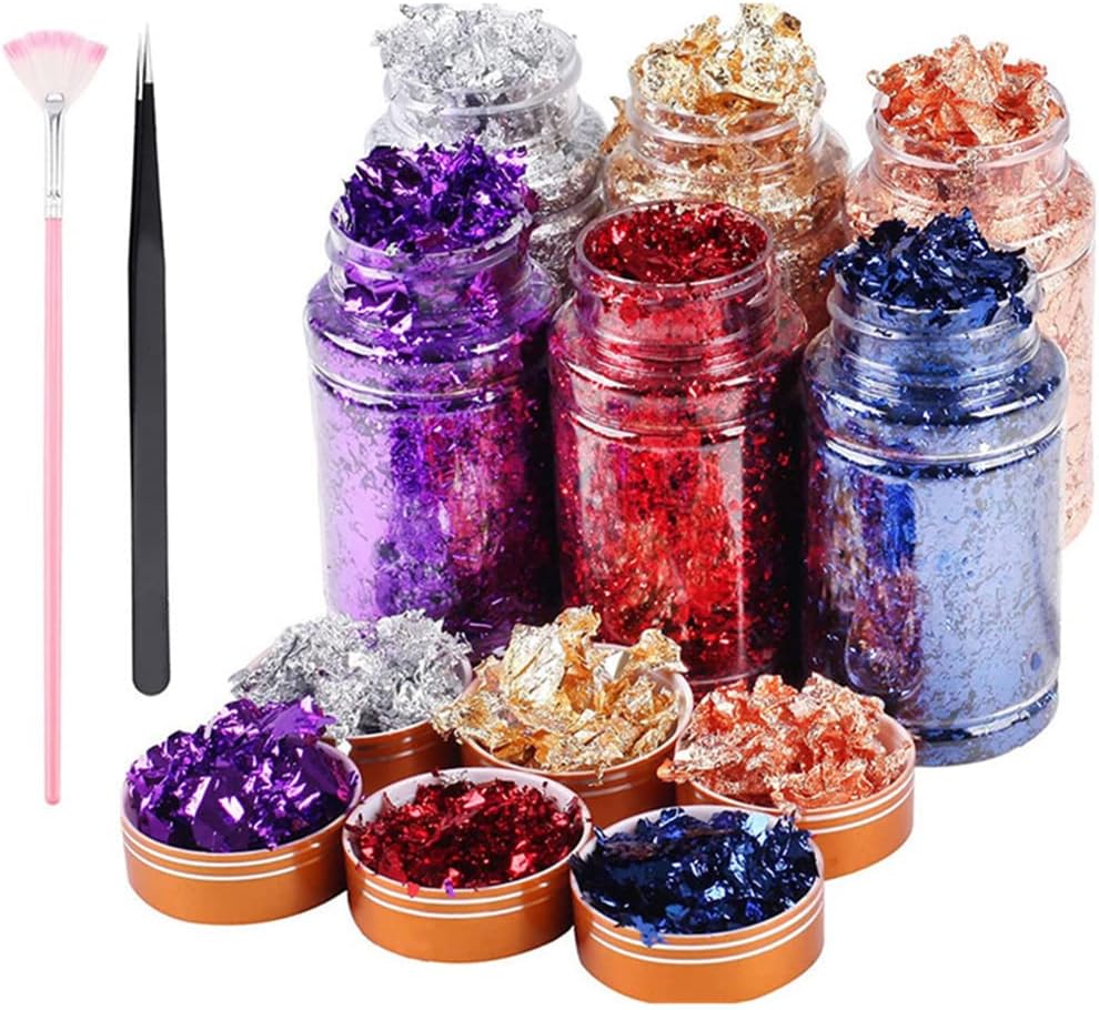 SYOSI Gold Foil Flakes for Resin 6 Bottles Gilding Flakes Metallic Foil Flakes with Tweezers for Nails Painting Crafts Slime (Gold Silver Copper Red Blue Purple Colors) (Not Edible)