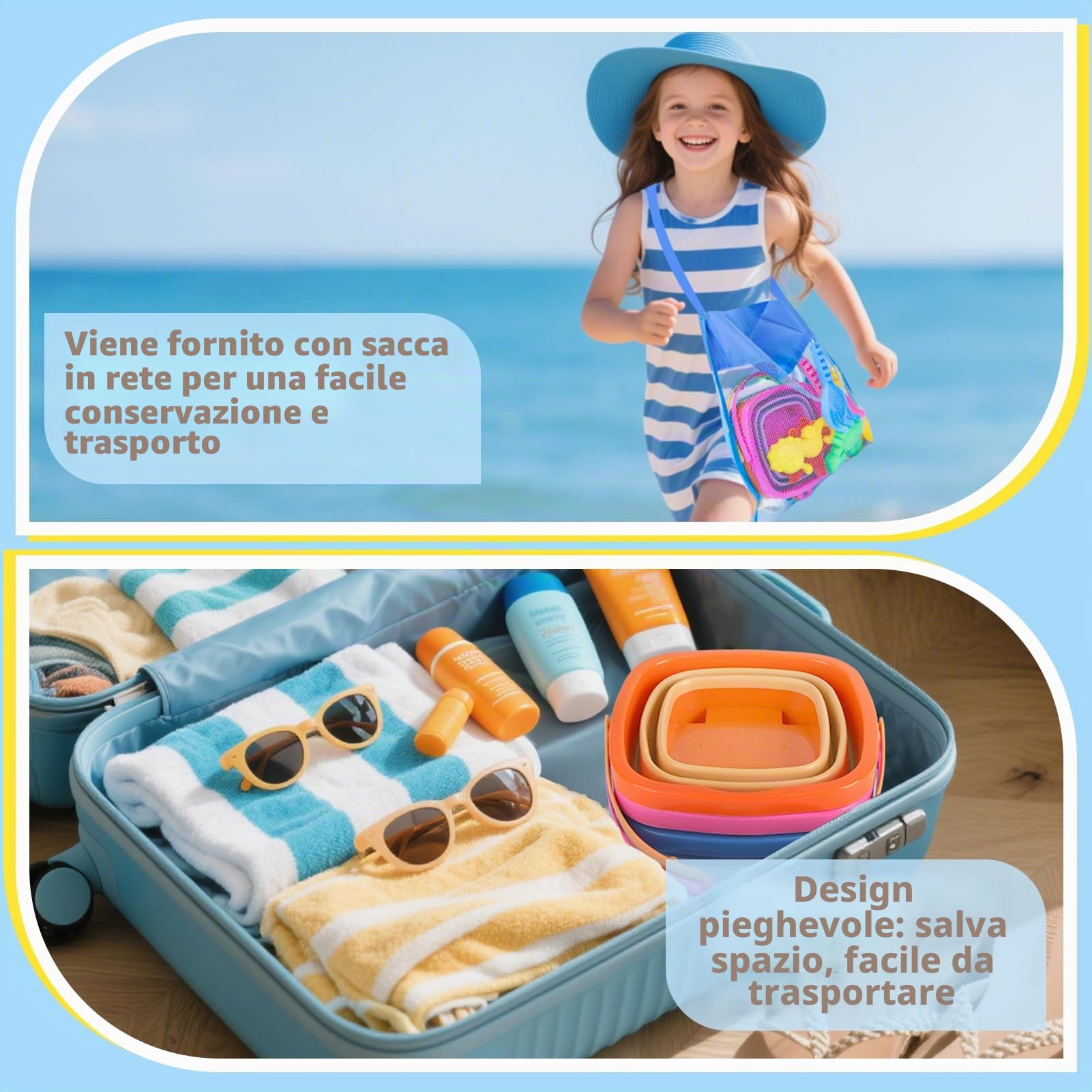 Dreamon Giochi Spiaggia Bambini, Giocattoli di Sabbia da Viaggio con Secchiello Pieghevole Bambini, 14 PCS Giocattoli da Spiaggia per Bambini Ragazzi Ragazze