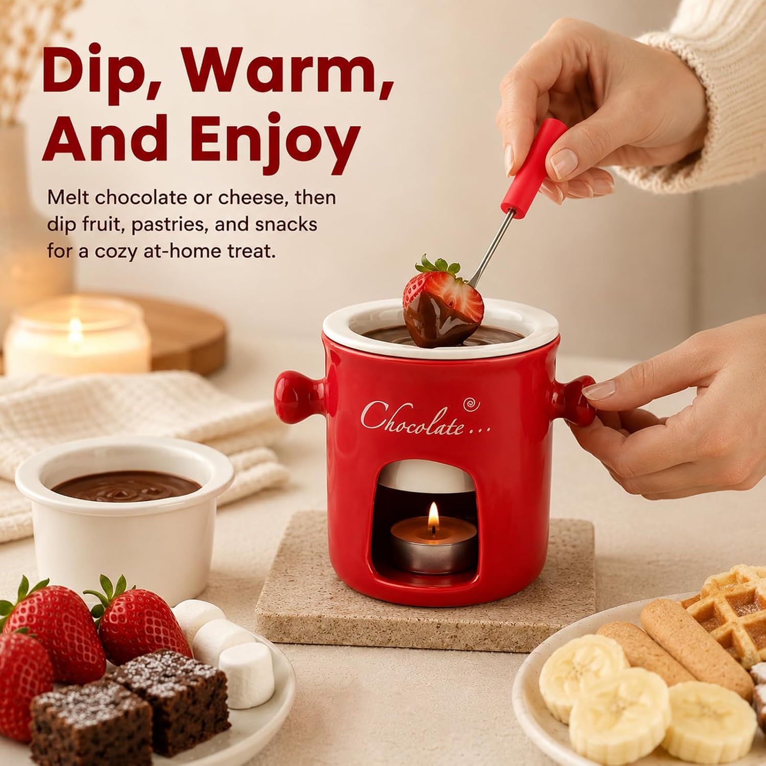 Mini Chocolate Fondue Mug, Ceramic Chocolate Melting Cup with Fork, Mini Chocolate Fondue Cups Set for Date Night, Home Dessert Time, Movie Nights and Wedding Gifts (Red)