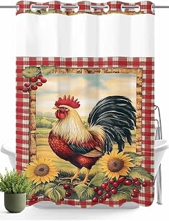 Red Rooster Flowers Egg No Hook Shower Curtain with Snap in Liner Vintage Style Farm Rooster Red Plaid Shower Curtain for Bathroom, Fabric Waterproof Inner Liner with Mesh Top Window, 48x72