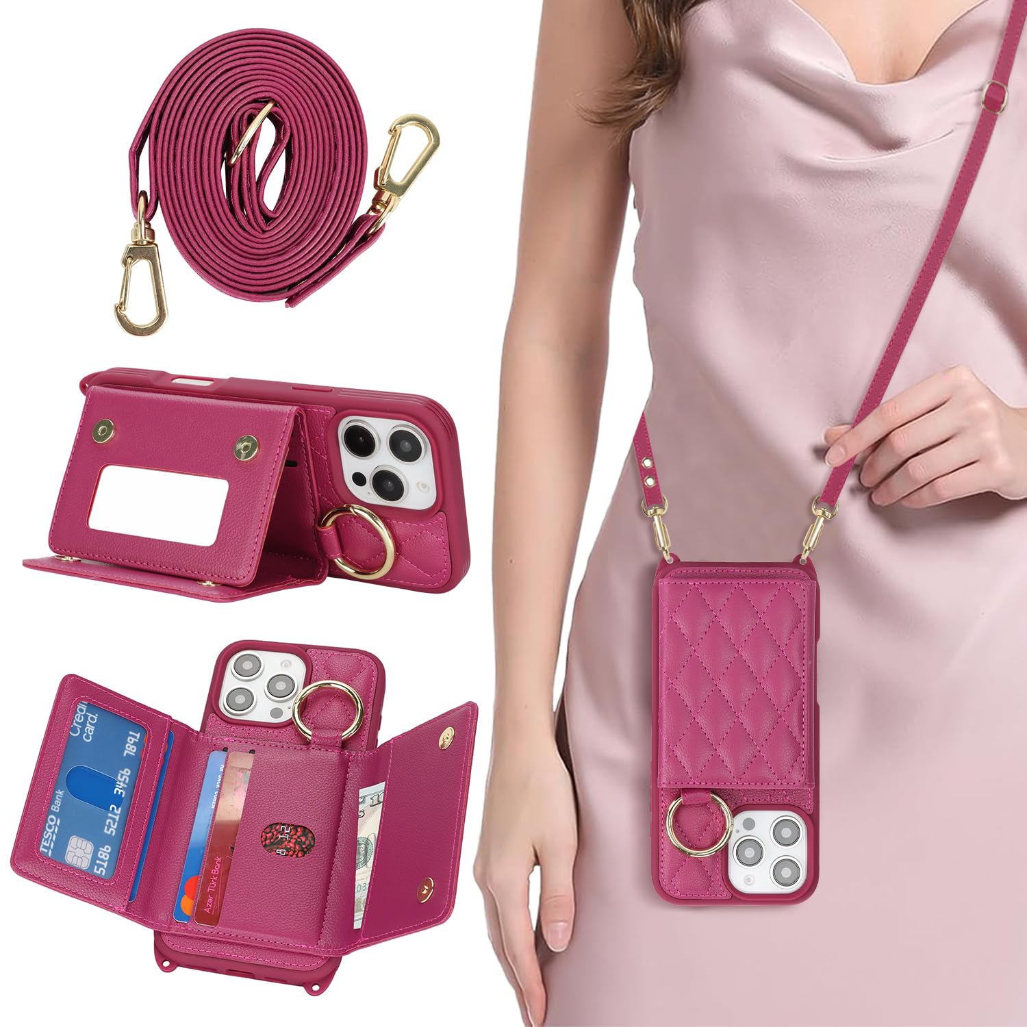 DEYHU for iPhone 16 Pro Max Case with Card Holder and Strap for Women,Crossbody Lanyard, Make Up Mirror,Ring Stand,Snap Clasp,Cute Phone Wallet Cases