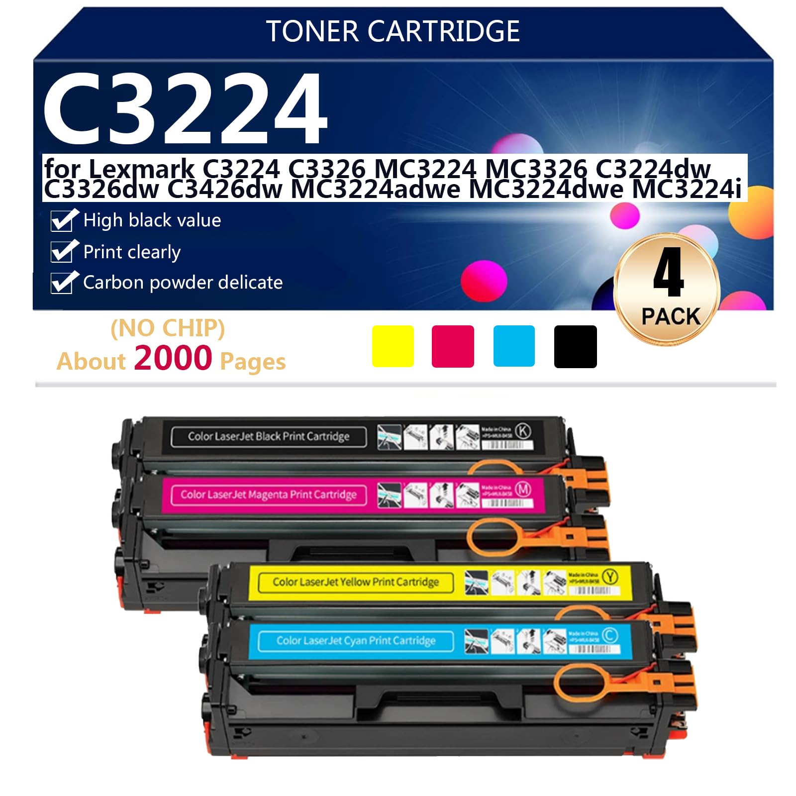C3224 Cartouche de Toner Haute Capacité C3210K0 C3210C0 C3210M0 C3210Y0 pour Lexmark C3224 C3326 MC3224 MC3326 C3224dw C3326dw C3426dw Imprimantes, Impressions Nettes, 2000 Pages,BCMY-1 Set