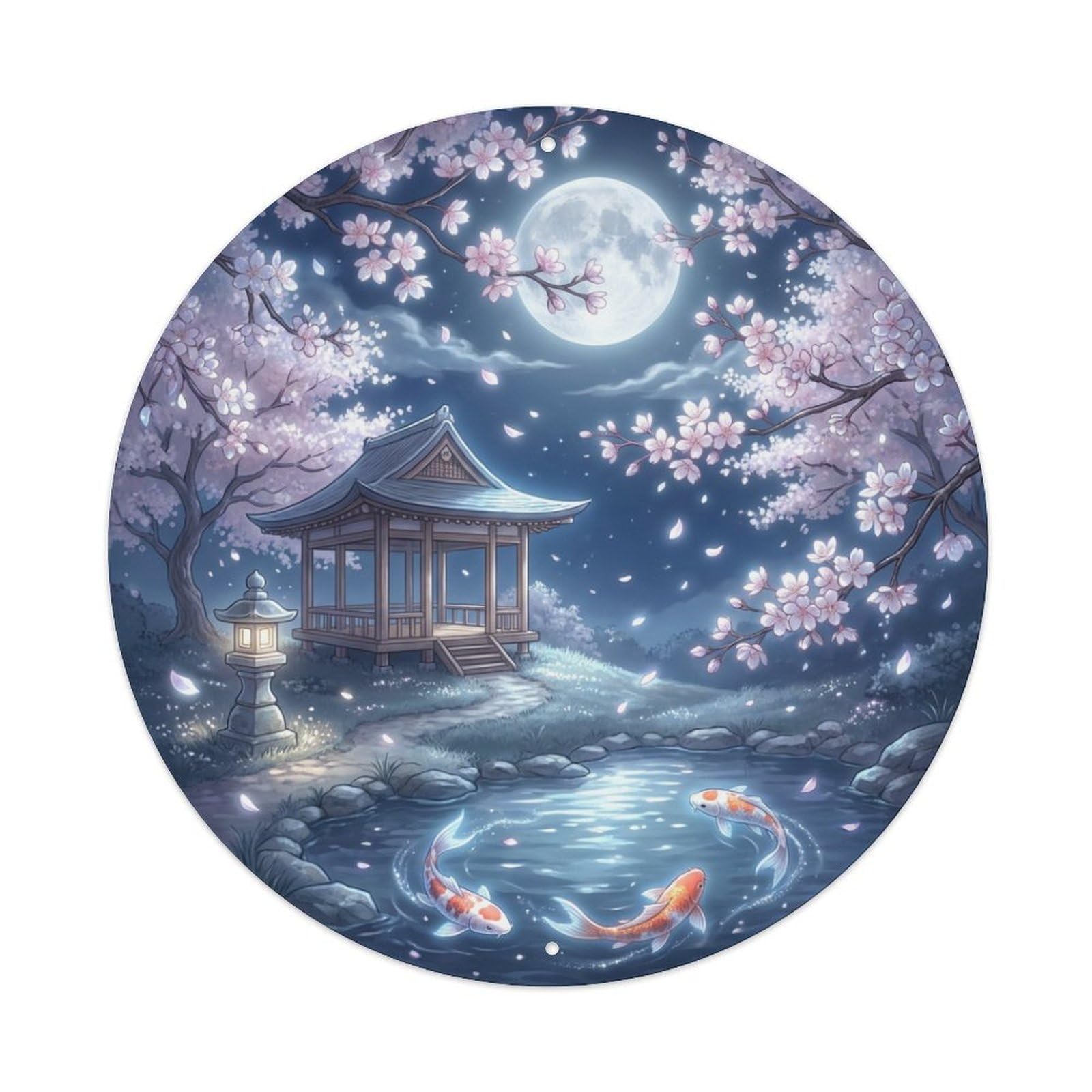 Galvaxio Style Japanese Koi Fish Sakura Moonlight Silver Glow Metal Tin Sign