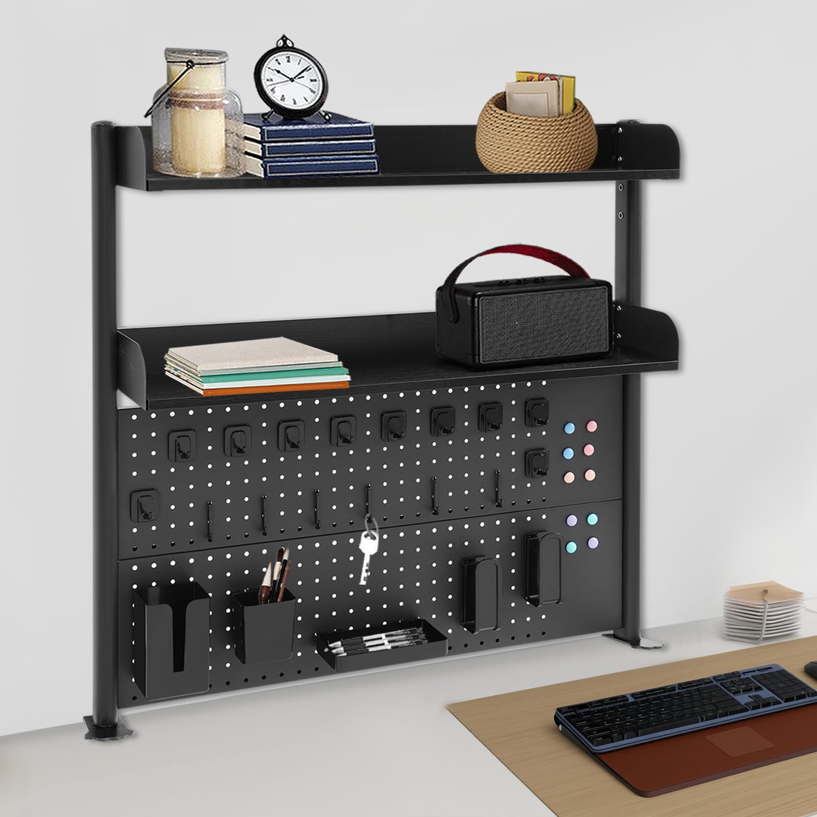 Estante de Escritorio 3 Niveles con Barreras Anticaídas, Organizador de Mesa para Libros y Papelería con Abrazadera Ajustable, Soporte para Oficina y Estudio, Negro