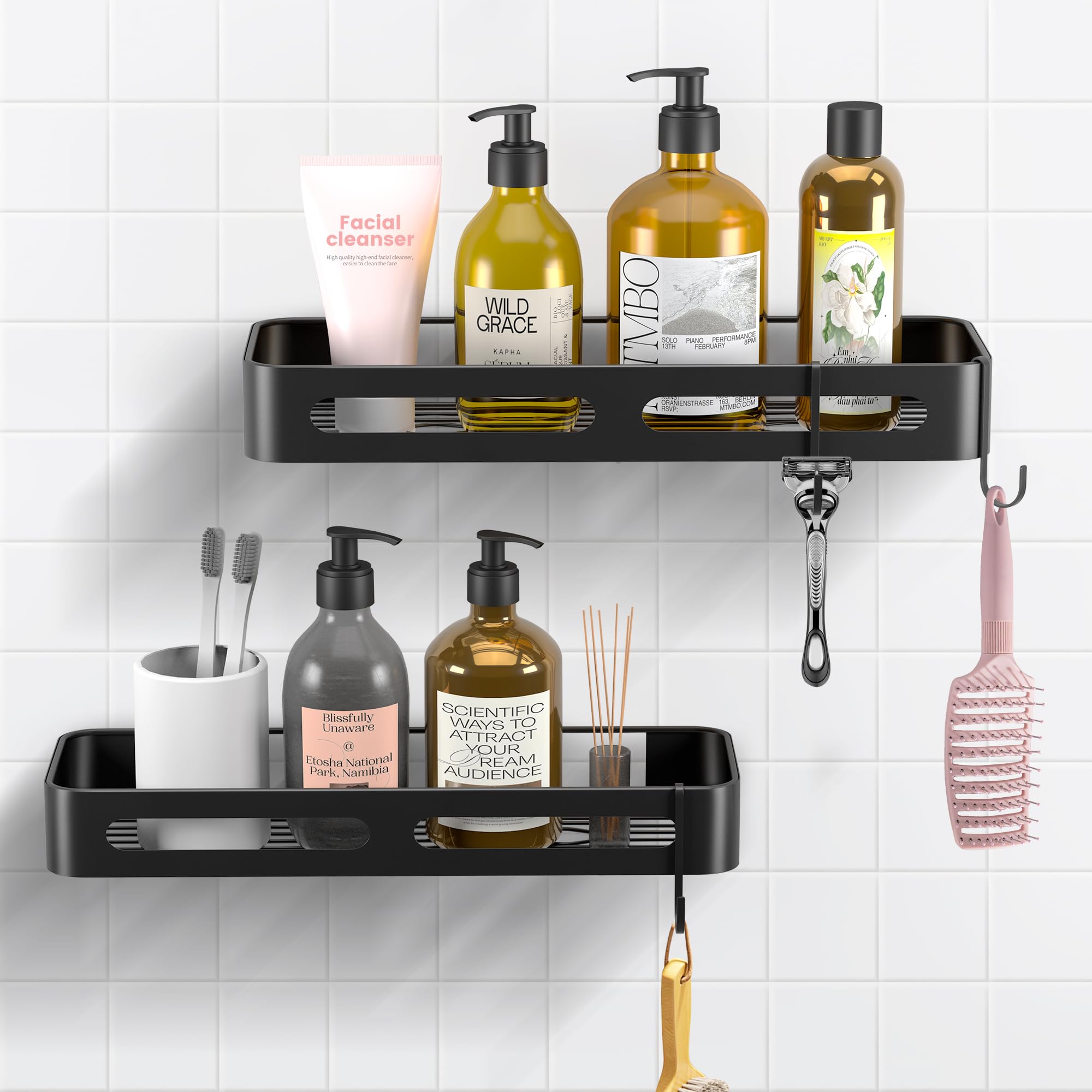 MEIJO Estanteria Ducha Estanteria Baño sin Taladro, 2pcs Estanteria Ducha Acero Inoxidable Negro con 4 Ganchos, 38.5-40cm Estanteria Ducha sin Taladro para Cocina Baño Almacenaje y Organización (2)