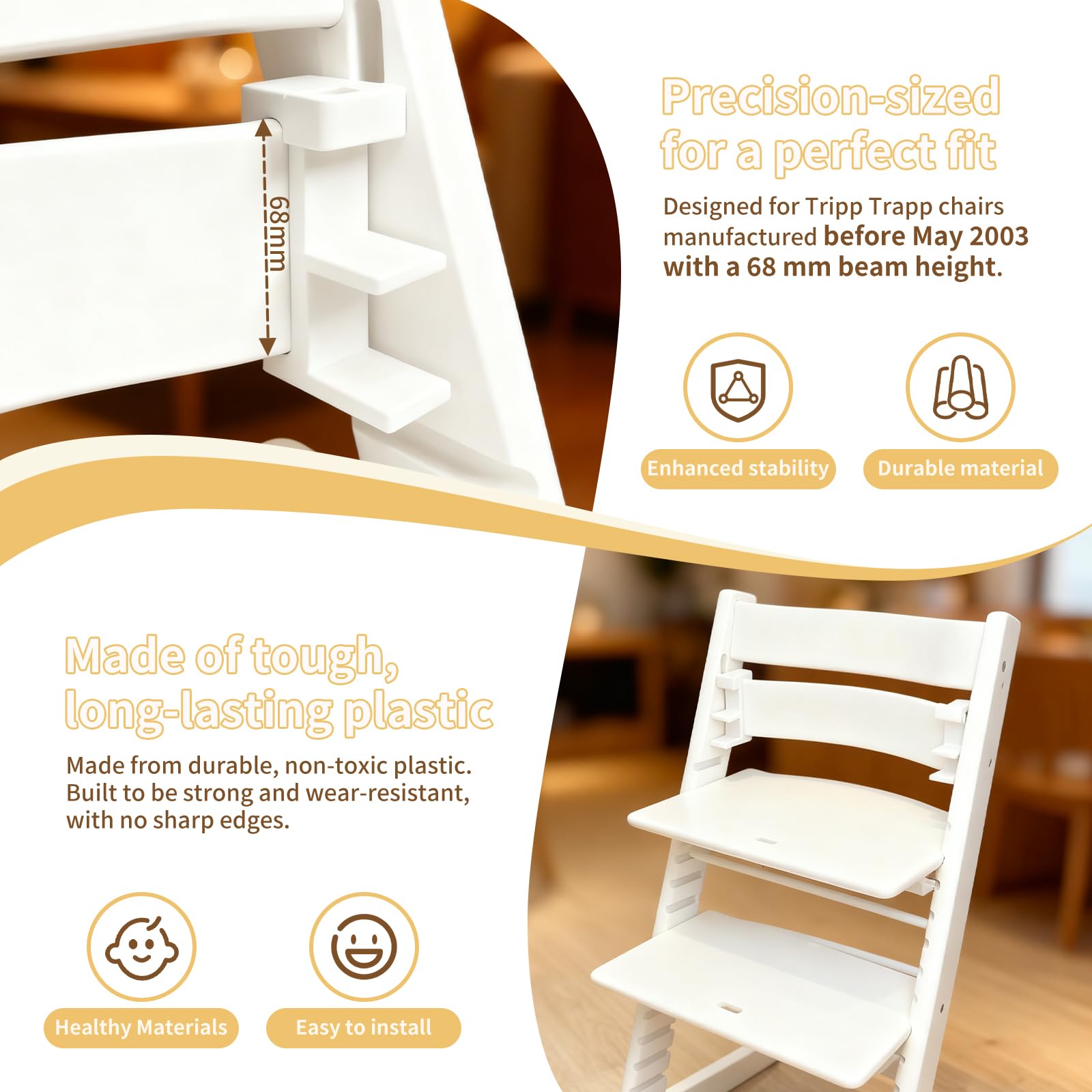 Adaptery Baby Set do Stokke Tripp Trapp - Zestaw 2 Adapterów Kompatybilnych z Krzesełkami do Tripp Trapp Wyprodukowanymi przed 2003 Rokiem, Poprzeczka 68 mm, do Codziennego Użytku z Tacką i Stolikiem