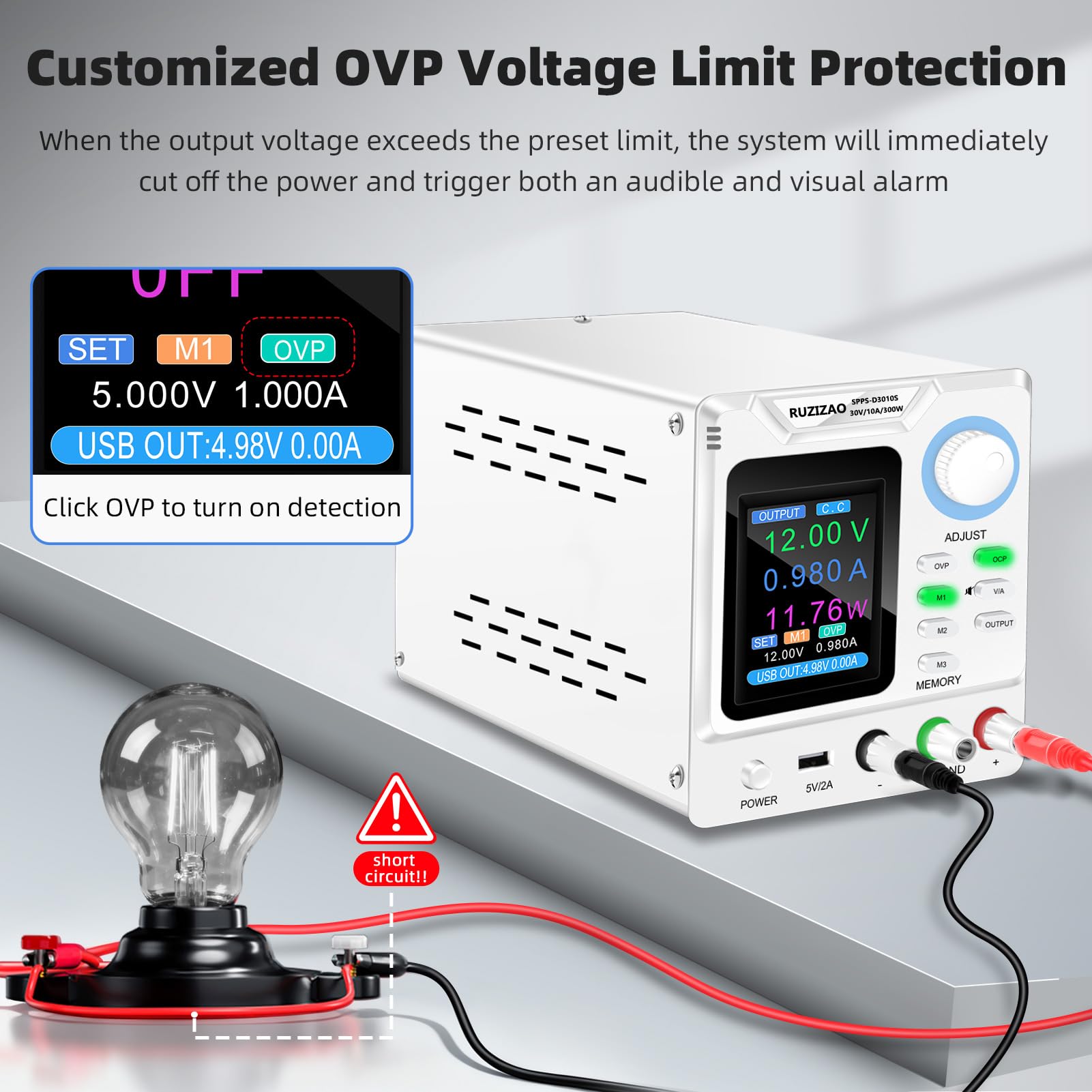 Labornetzteil 120V 3A 360W 4-stelliger TFT-Anzeige Encoder Einstellung Labornetzgerät Ausgangsschalter/Ladeerkennung Labor DC-Stromversorgungen mit OCP/OVP/Memory/Output-Taste
