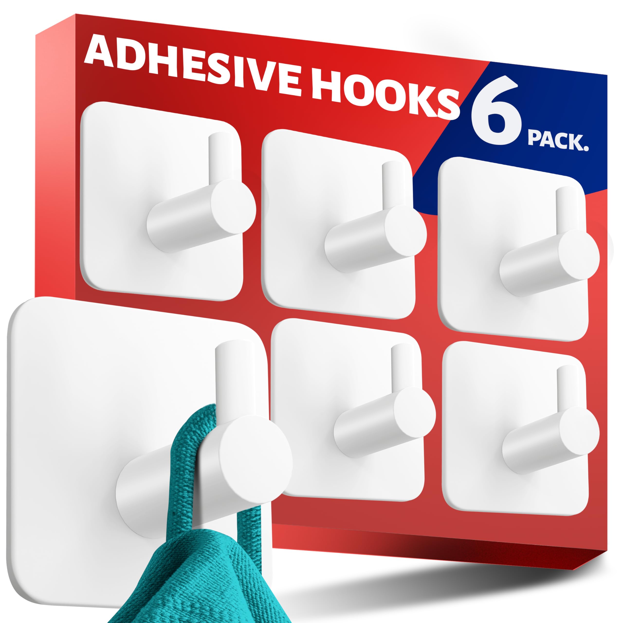 Menz White Self Adhesive Hooks, Set Of 6 – Stick On Hooks Waterproof, Strong Sticky For Hanging Towels And Bathrobes In Bathroom, Tea Towel Holder,