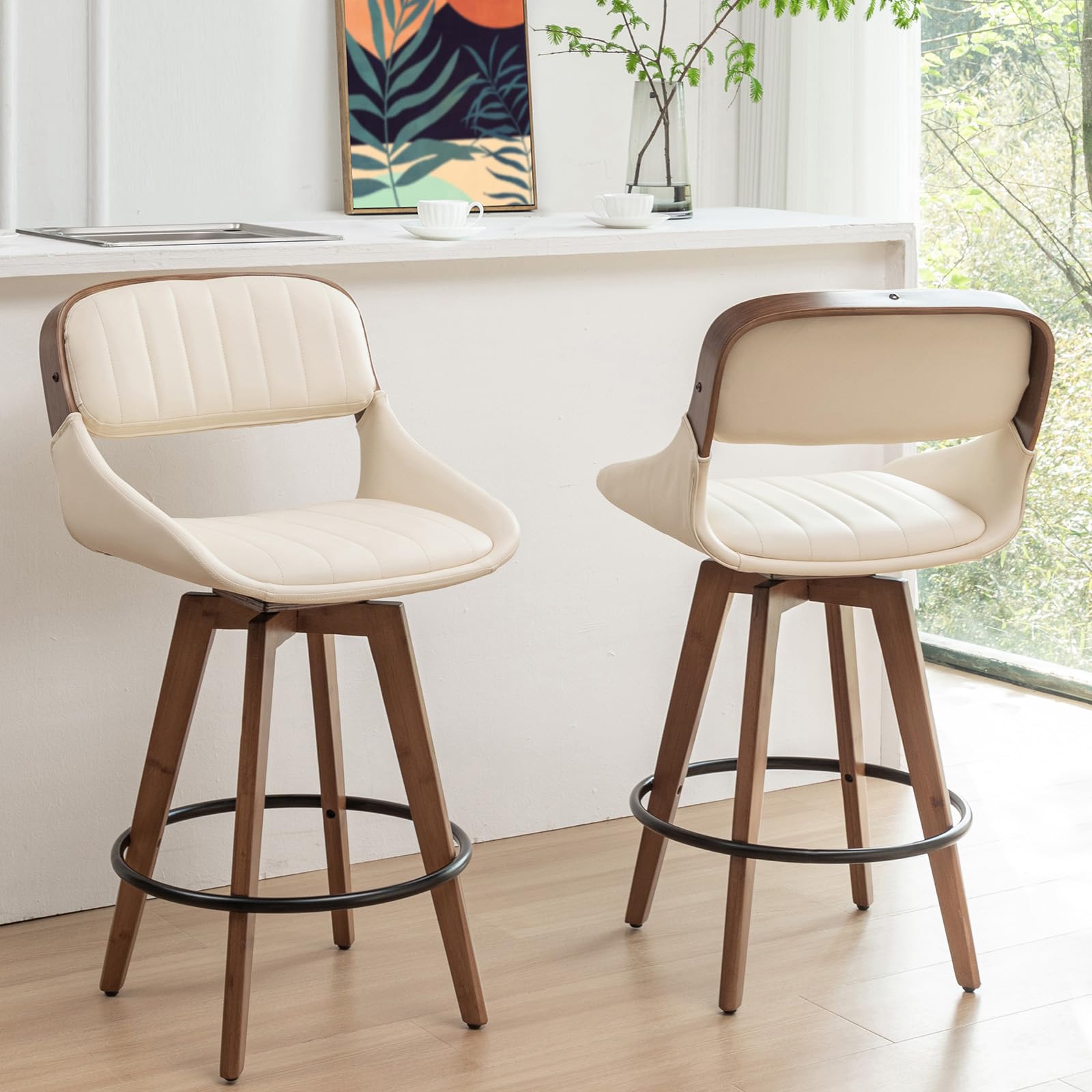KUNZENT Set of 2 Swivel Counter Stools - 26.4 inch Mid Century CounterStools with Upholstered Faux Leather, Walnut Crafts, Bamboo Legs, Kitchen Stools