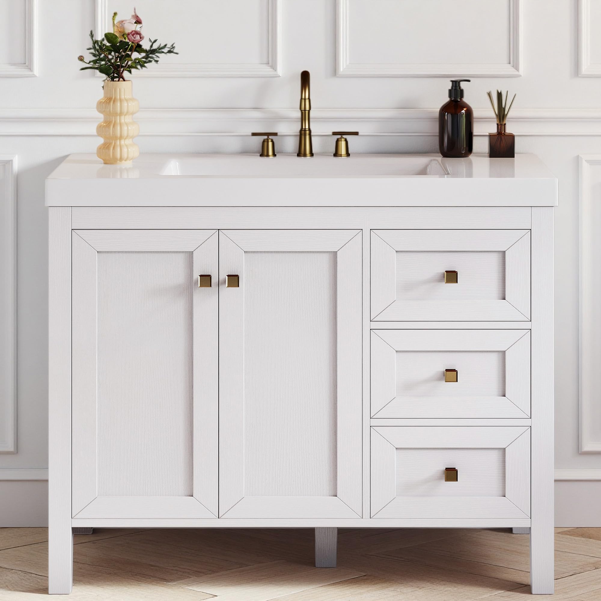  YITAHOME 42 Inch Bathroom Vanity with Sink, Retro Bathroom Vanity with Resin Basin, Extra Large Storage with 2 Soft-Closing Doors & 3 Drawers(2 BOXES)