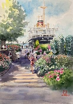 Amazon.co.jp: 644＊バラの山下公園 水彩画 原画 透明水彩画