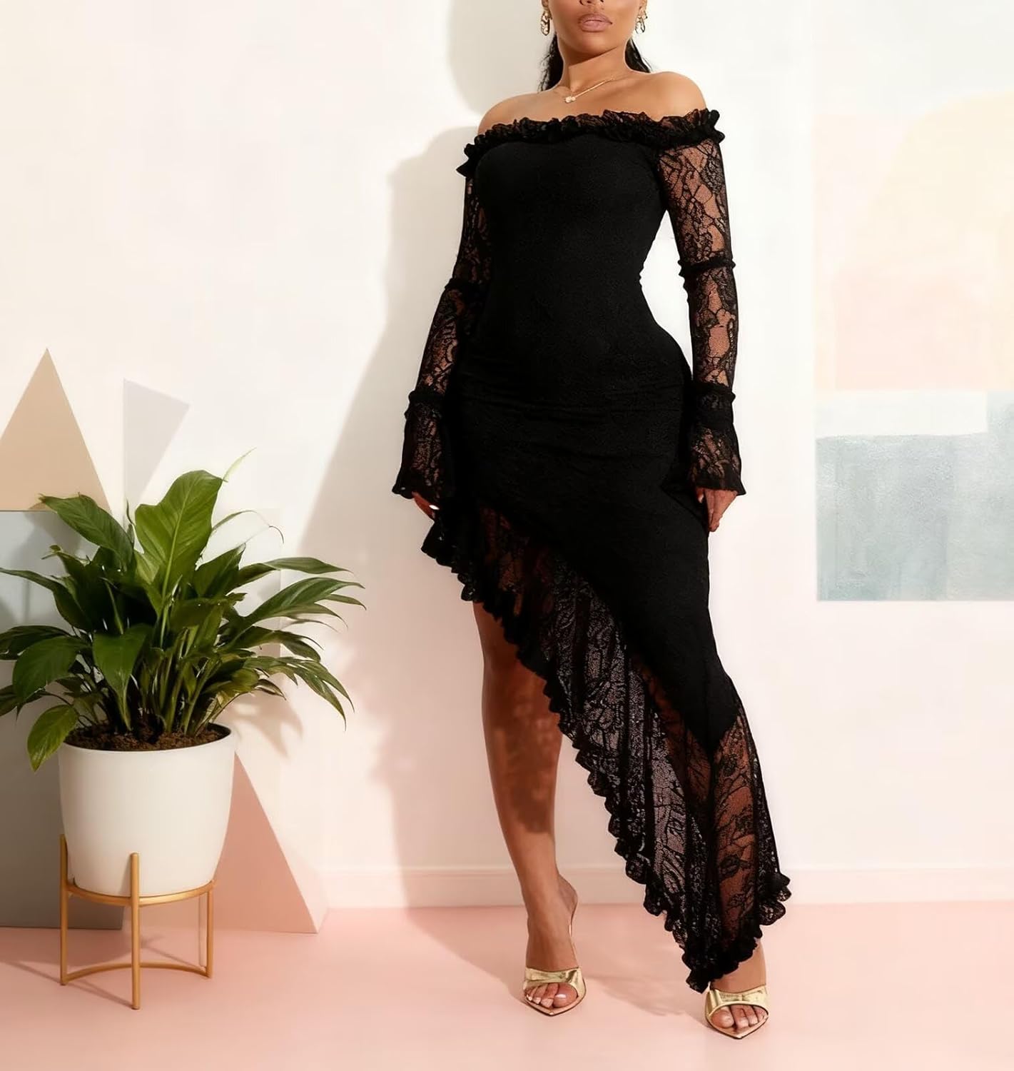 Elegant Floral Lace Mesh Dress Long Sleeve Off Shoulder Ruffle Hem Bodycon Party Cocktail Dress - Image 5
