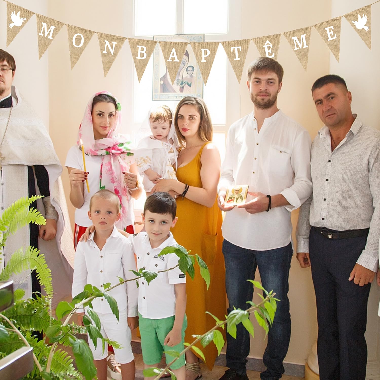 Banderole "Mon Baptême" En Jute | Décoration Suspendue Pour Fête | 12 Fanions Avec Corde