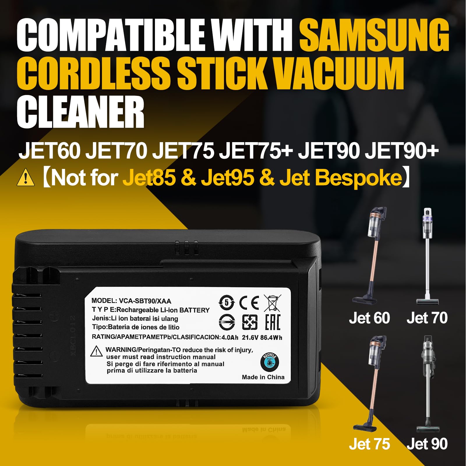 Batteria da 4.0Ah per Samsung VCA-SBTA60 VCA-SBT90 VCA-SBT90EB, compatibile con gli aspirapolvere senza fili Samsung JET60 JET65 JET70 JET75 JET90. Non per gli aspirapolvere delle serie Jet 85 JET95 e