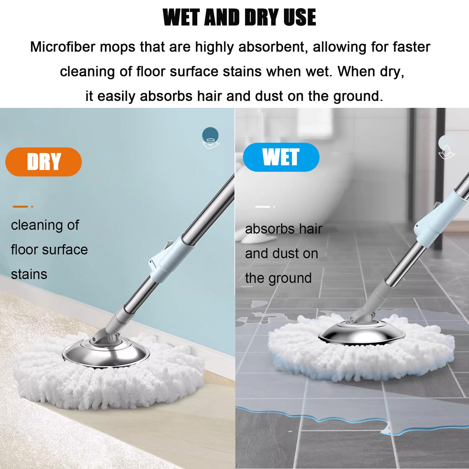 Ensemble serpillère rotative et seau avec essoreuse, poignée réglable, tête rotative en microfibre pour nettoyage du sol
