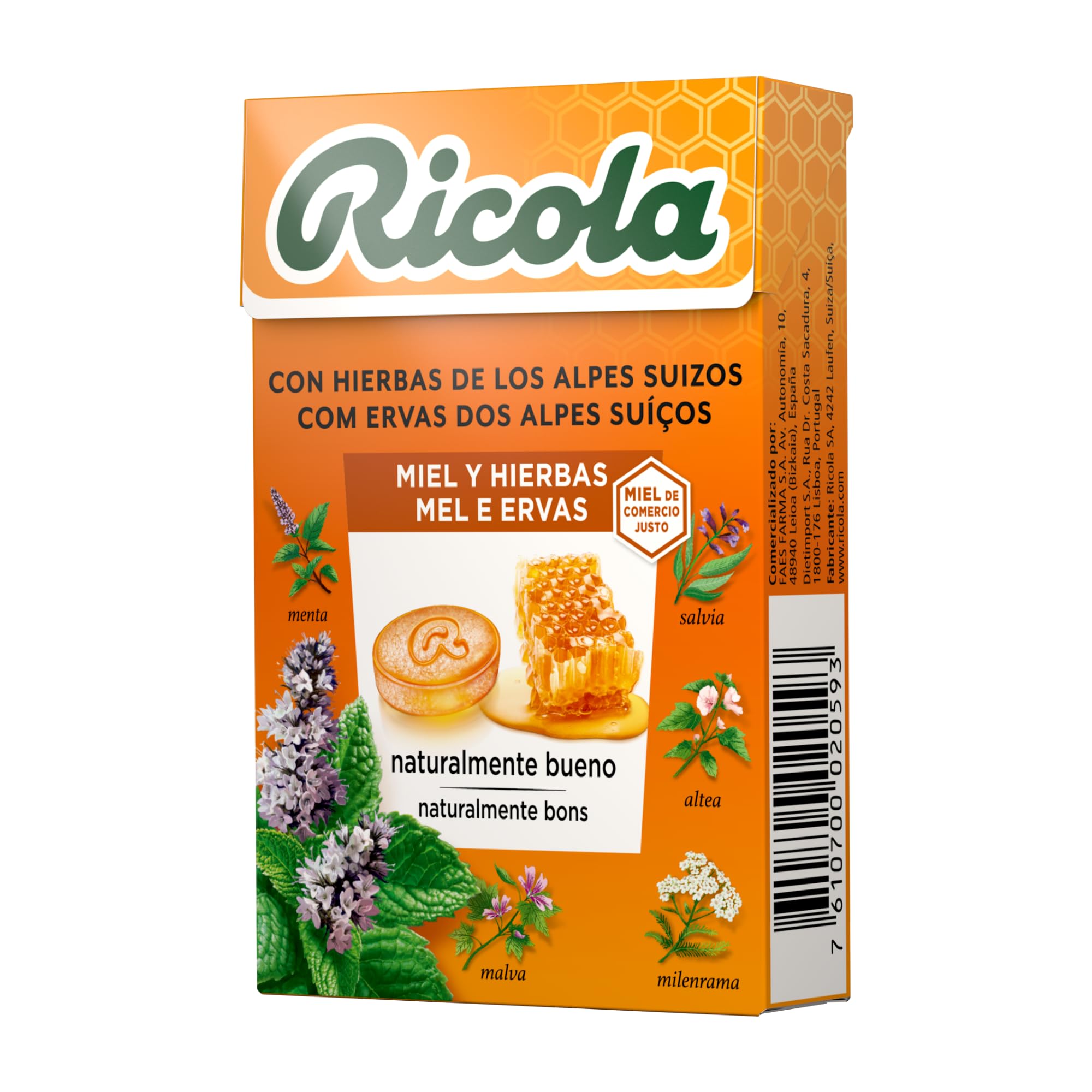 Ricola – Miel y Hierbas, Caramelos Duros, Refresca y Alivia la Garganta y las Vías Respiratorias, con Miel y Mentol, 13 Hierbas Suizas y Aceites Esenciales - Caja 50 g