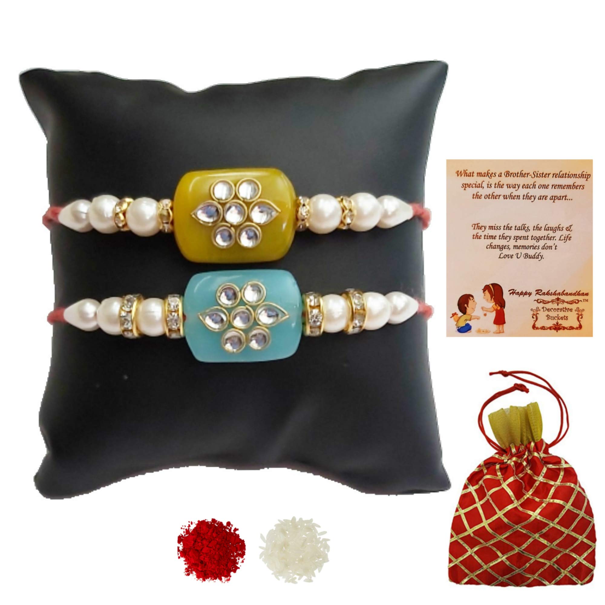 Decorative Buckets: Rakhi | Rakhi for Brother : Rakhi for bhaiya : Handcrafted KUNDAN Marble Stone Pearl Rakhi Combo with Message Card & roli chawal: rakshabandhan Rakhi for Men : Rakhi Set of 2 (B07TWD8CCG) Amazon Price History, Amazon Price Tracker