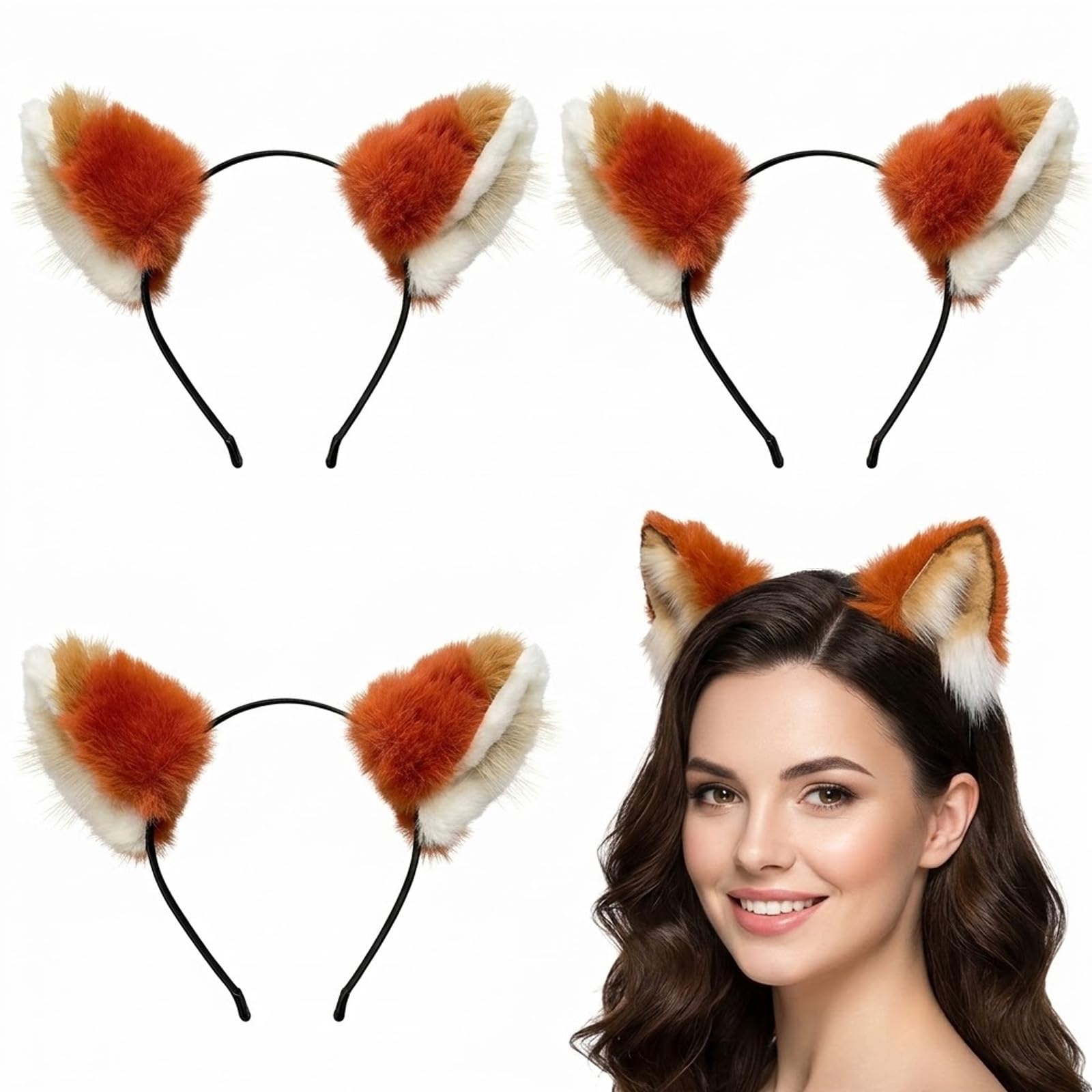 Kxsufwa 3pcs Fox Ears Headband, Plush Fur Animal Costume Accessory