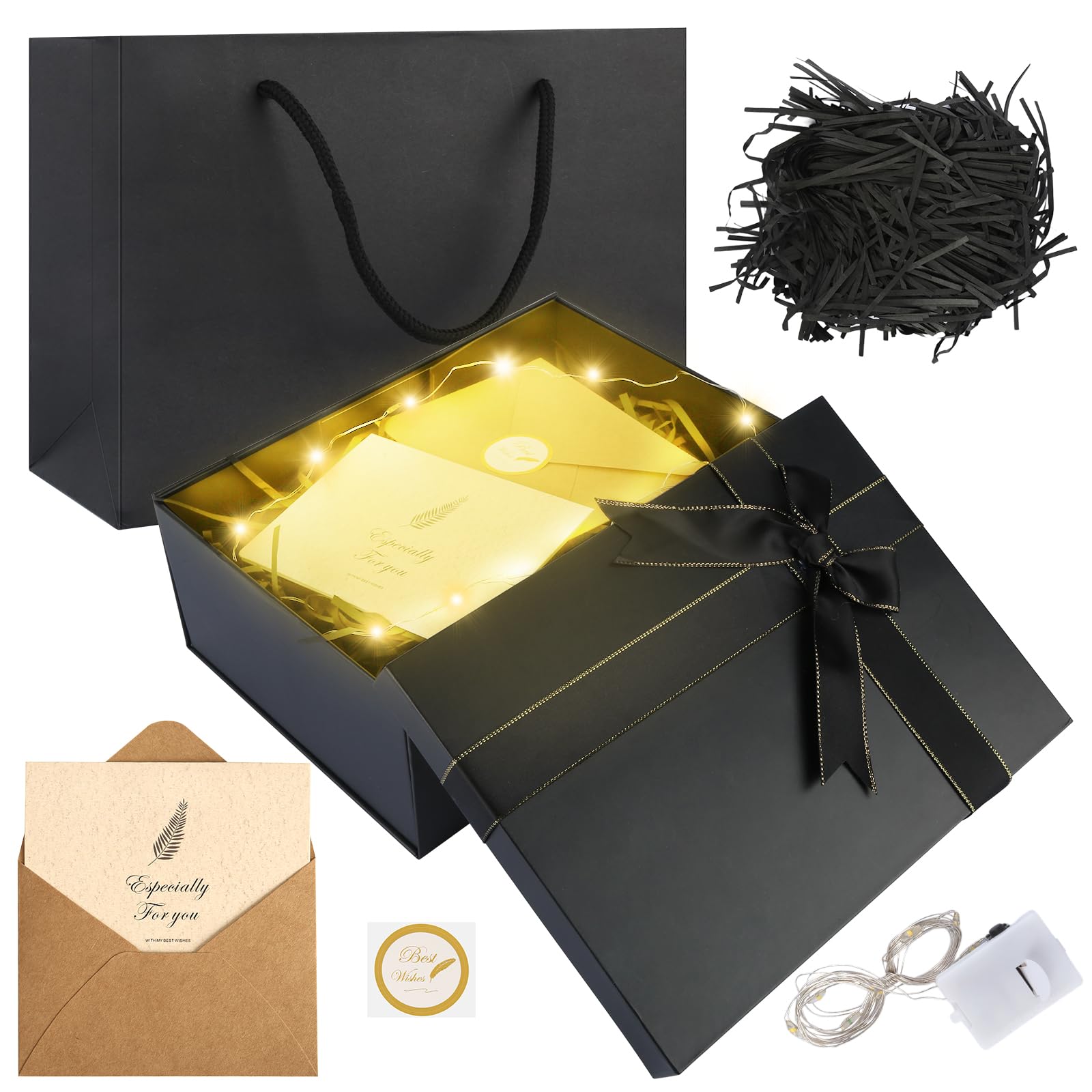 Boîte Cadeau Avec Couvercle, Boîte Cadeau Avec Nœuds, Boîte Cadeau Pliable, Boîte Cadeau Avec Magnétique, Cartes De Vœux, Raphia Hamper Shreds, Guirlande Lumineuse LED, Pour Mariage, Anniversaire
