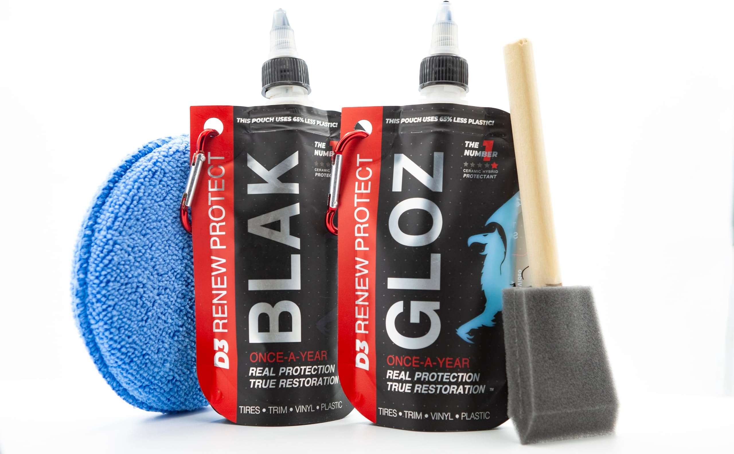 RENEW PROTECT - BLAK+GLOZ, Super Shine Combo - Acrylic Ceramic-Hybrid Protectant, Tire & Trim Restorer, Gloss to Mirror-Shine, RVs- Golf Cart- and Motorcycle-Safe, Wash-Proof, 5 min Dry-Seal 6.8oz