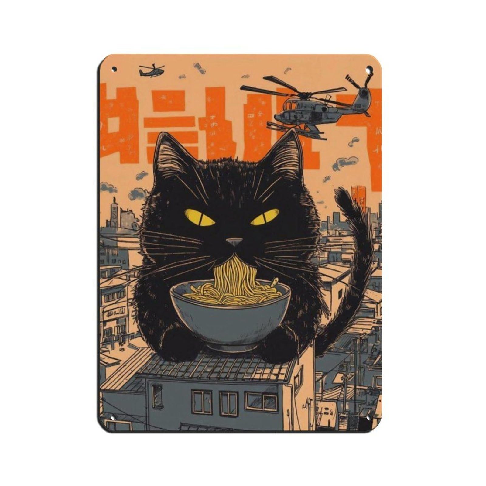 Giant Cat Watching City Eating Noodles Art Poster Tin Sign Vintage Metal Pub Club Cafe Bar Home Wall Art Decoration Poster Retro 12x16inch(30x40cm)