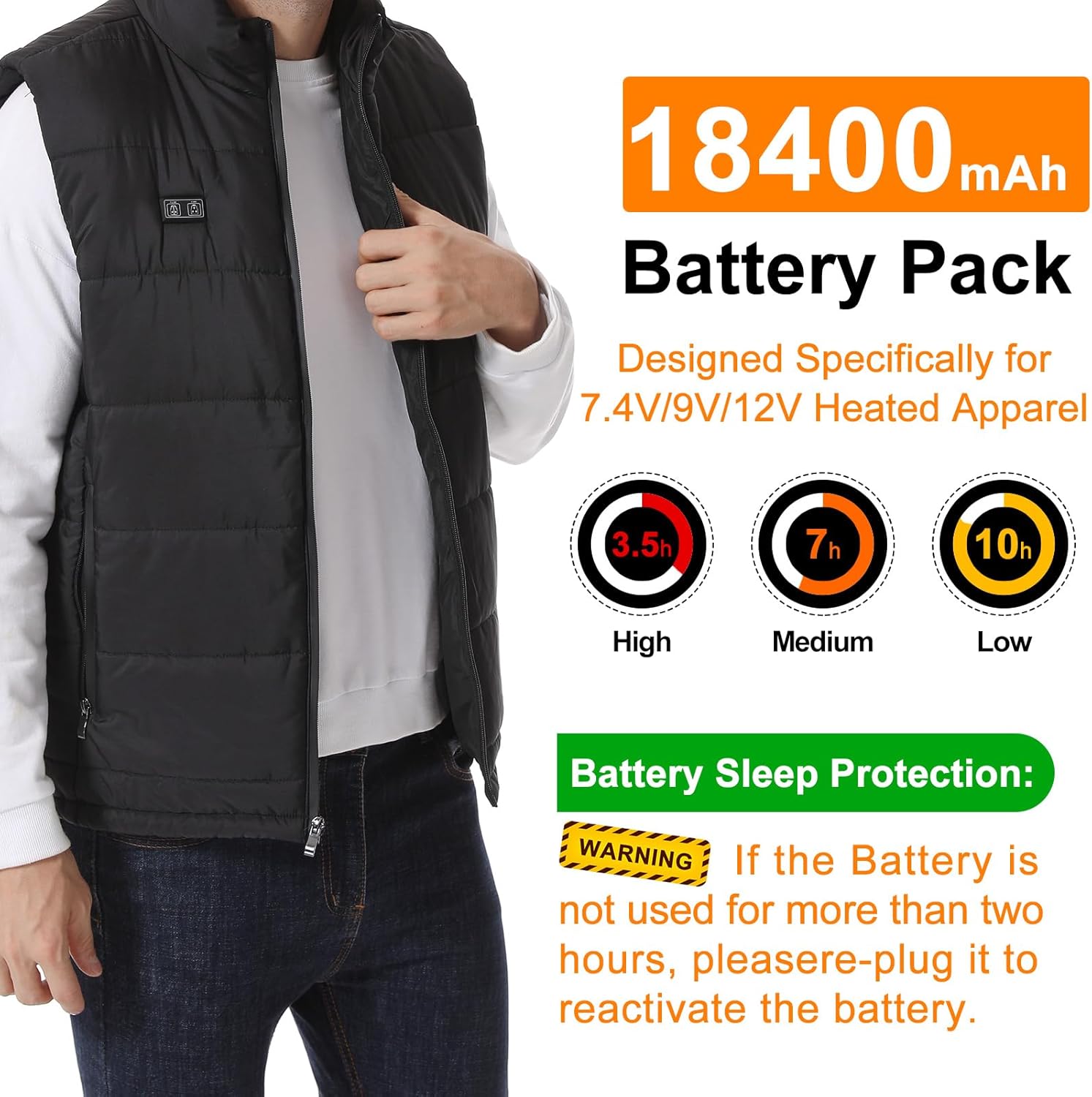 7.4V / 9V /12V / 5V Heated Vest Battery Pack, BIAL 𝗔𝗱𝗷𝘂𝘀𝘁𝗮𝗯𝗹𝗲 𝗩𝗼𝗹𝘁𝗮𝗴𝗲 & High Capacity 18400mAh Rechareable Power Bank for Heated Vests, Jackets, Hoodies -1 PCS - Image 2