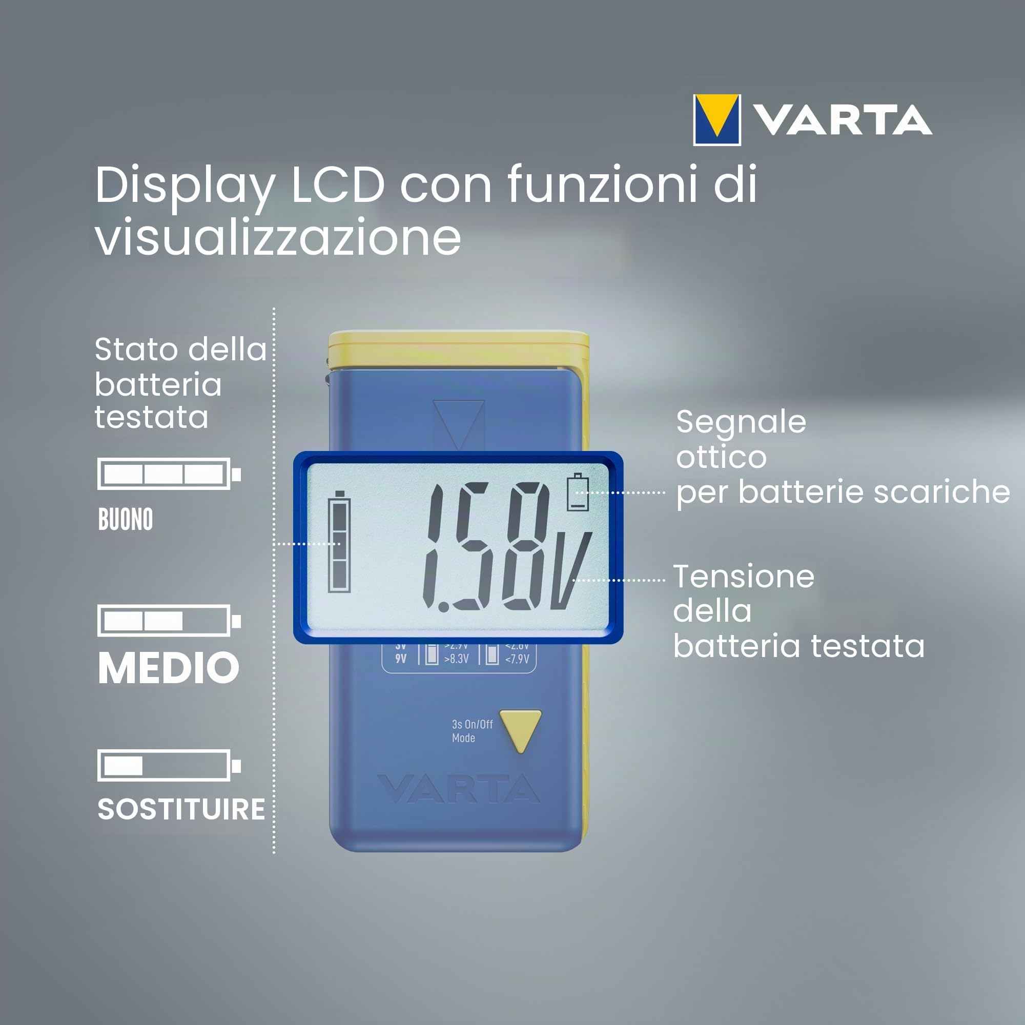 VARTA Tester Batterie LCD digitale per batterie AA AAA C D 9V LR44