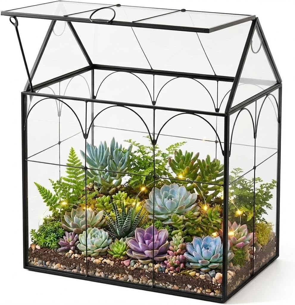 Fochier Geometric Glass Terrarium Planter, Handmade House-Shaped with Front Opening Door, Small Succulent & Cactus Display Box with Lid, Indoor Tabletop Micro Landscape Decor, No Plants, Black