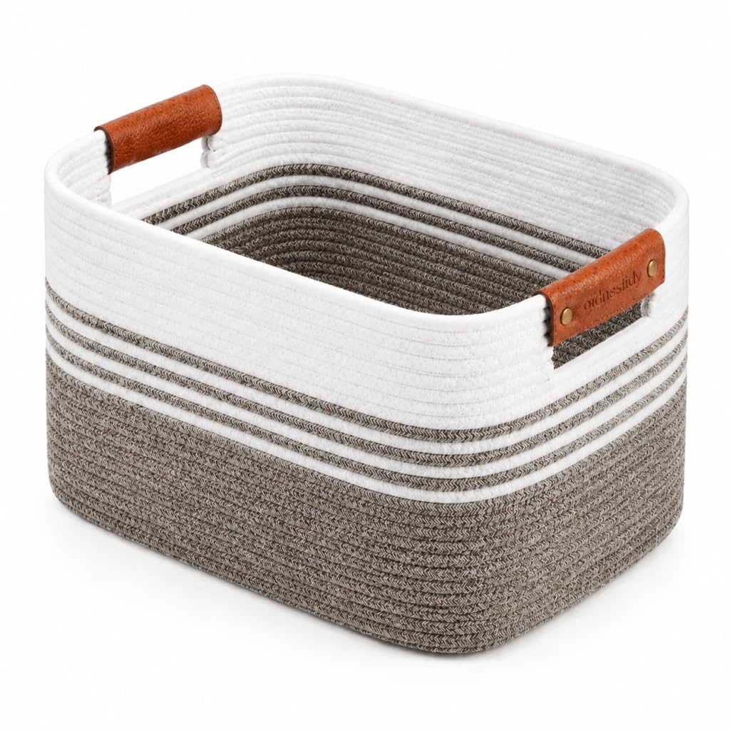 Cotton Rope Laundry Basket Small, 12.8GAL Collapsible Woven Storage Baskets for Living Room Kids Toys Stuffed Animal,Boho Rectangular Decorative Short Hamper for Dirty Clothes, Blankets Dark Brown