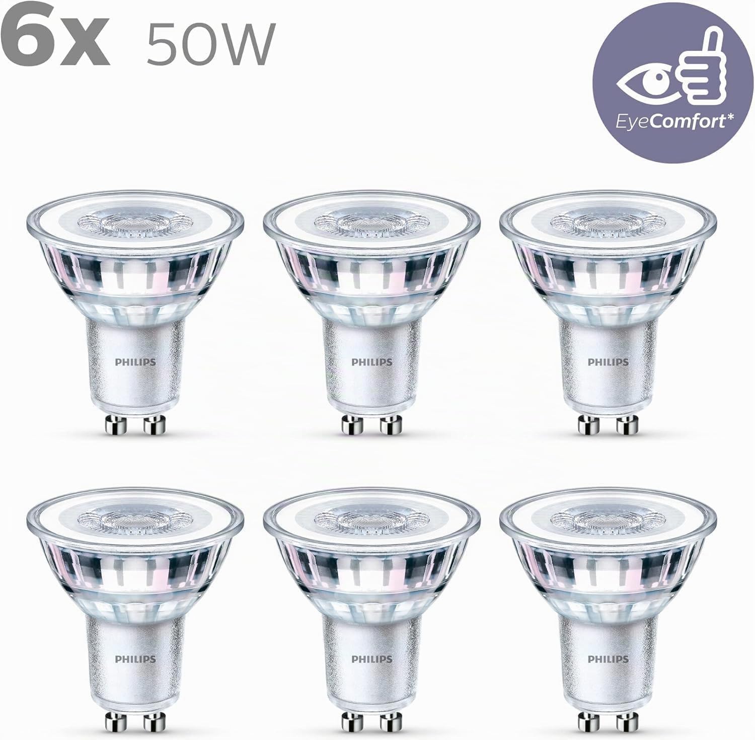 Philips - Bombilla LED cristal 50W, GU10, luz blanca cálida, transparente, no regulable, pack 6 [Clase de eficiencia energética F]