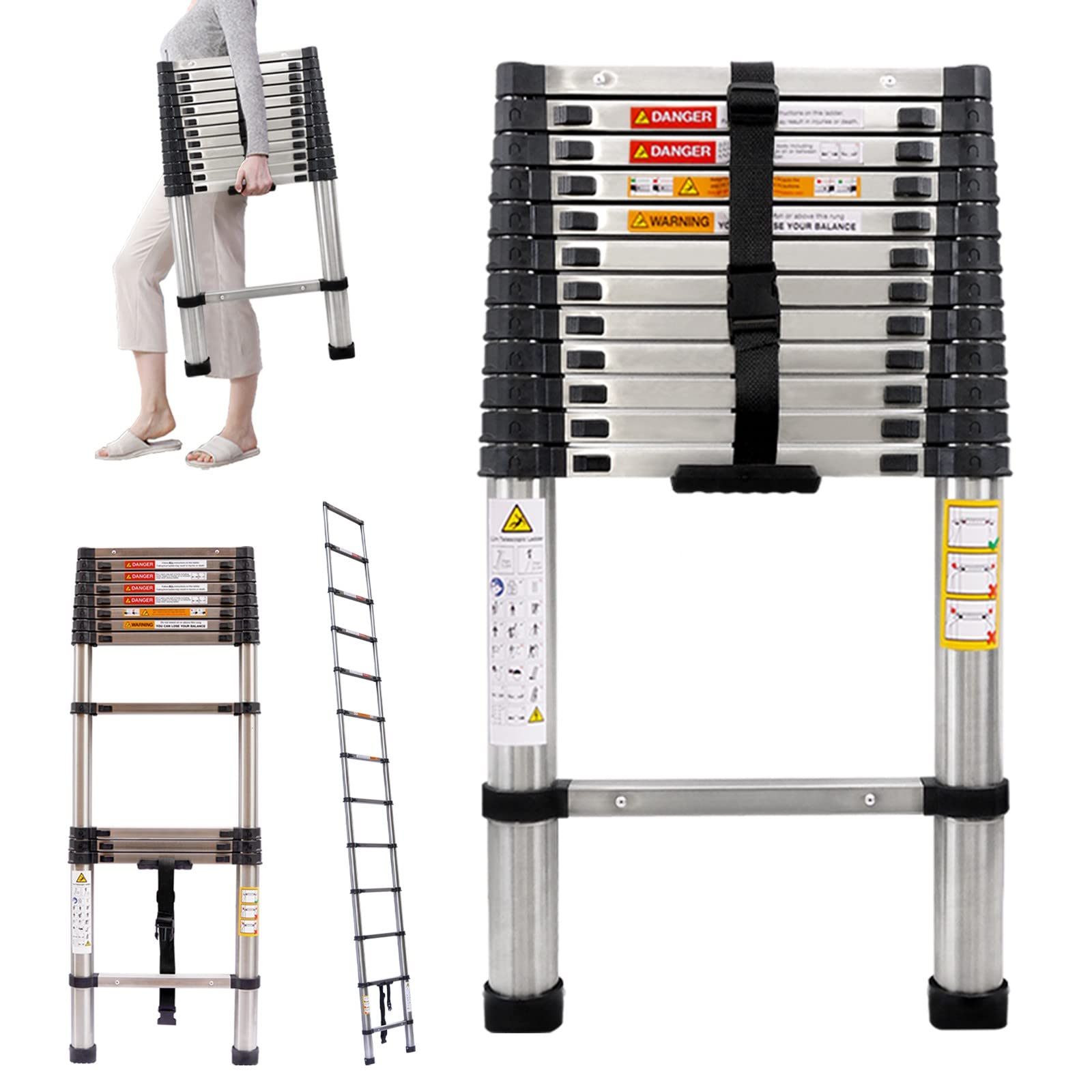 12.5FT/3.8M Telescoping Ladder Multi Purpose Stainless Steel Telescopic Extension Ladders with Spring Load Locking Mechanism Non-Slip Meticulous Treatment 330lb Max Load EN131 Safe Standard