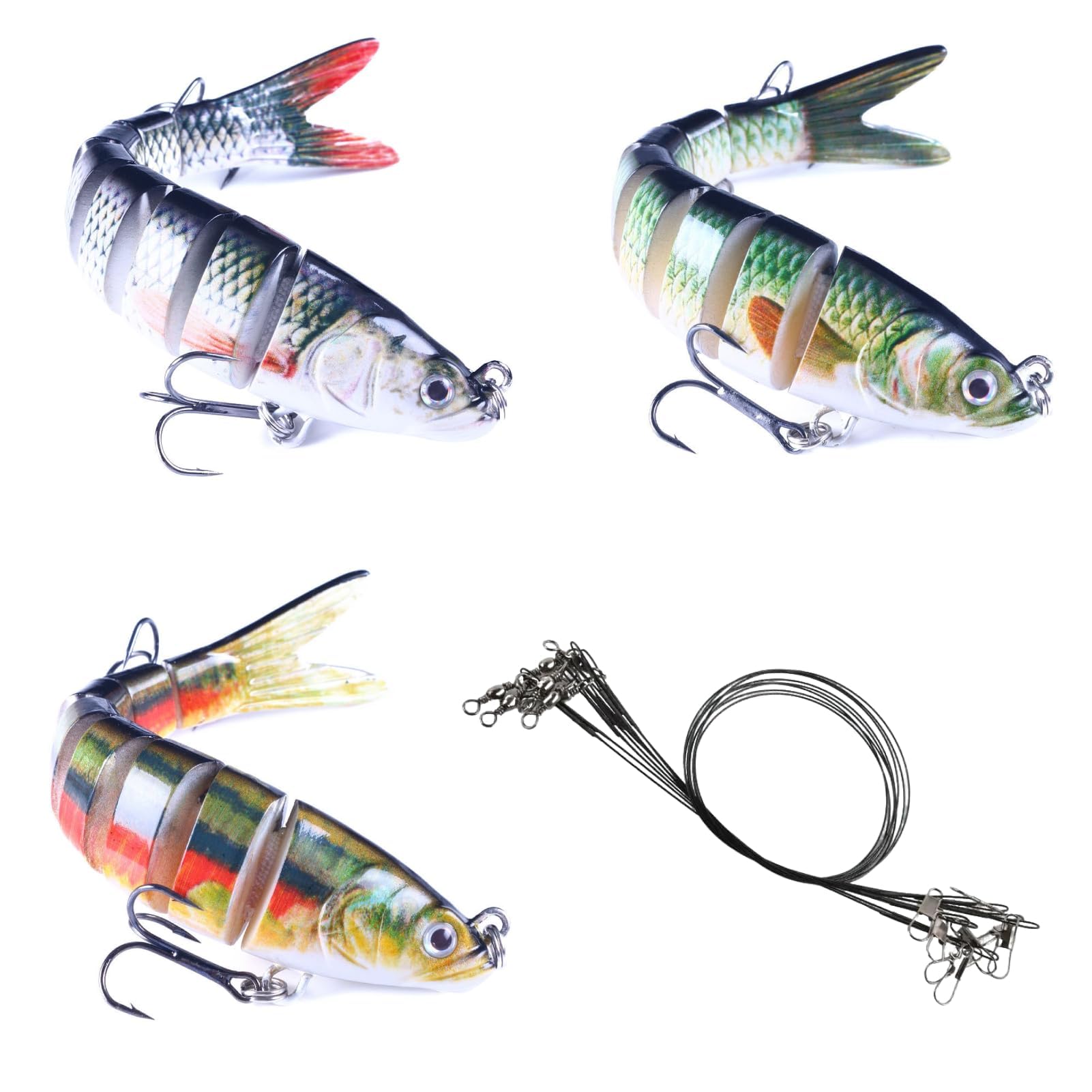 3Pcs Multi Jointed 3D Lifelike Fishing Swimbaits Lures with 9Pcs Black Steel Wire Leaders, Artificial Sinking Hard Lures for Bass, Pike, and Predatory Fish ๏ปฟ