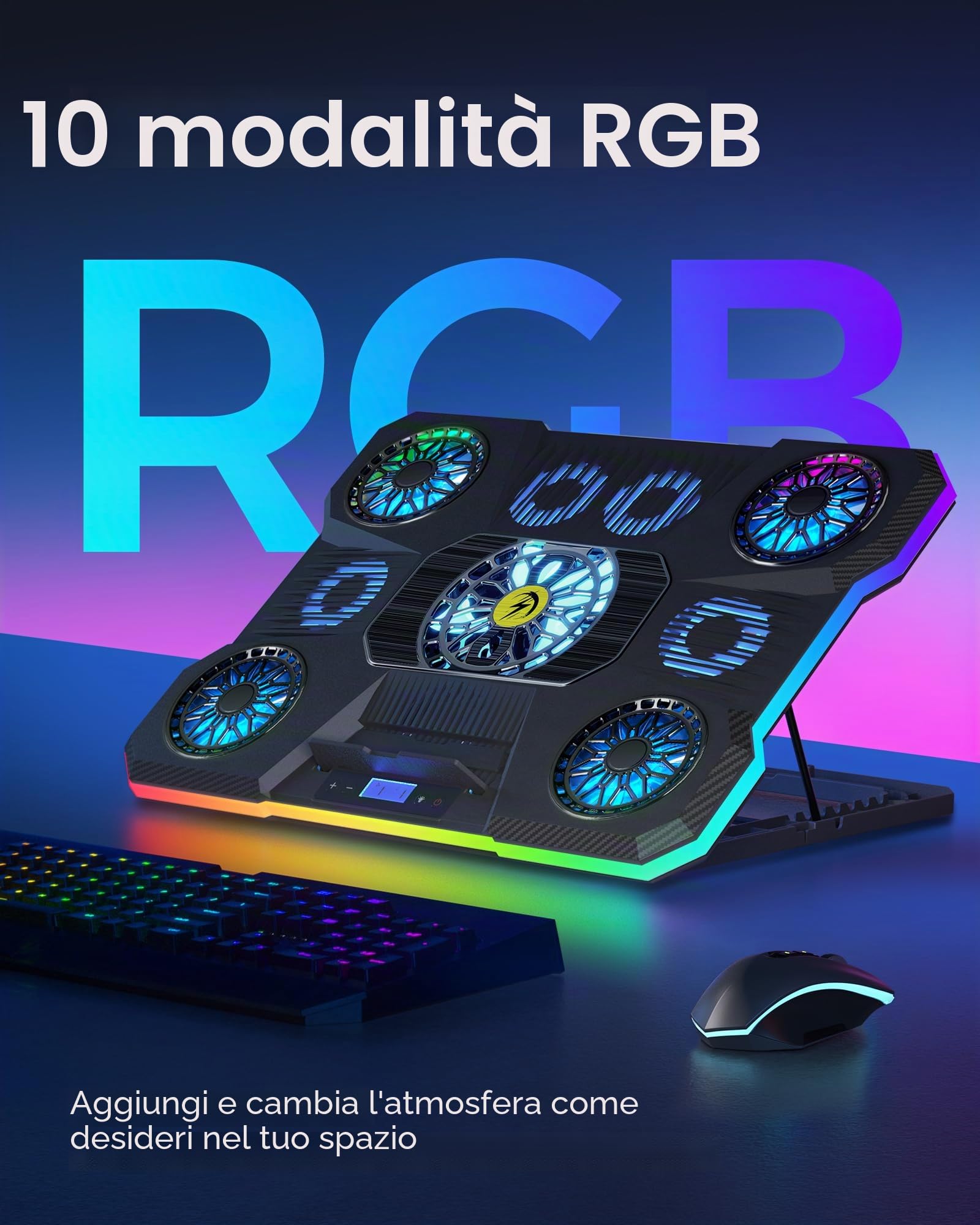 ChillCore Tappetino di raffreddamento per computer portatile, luci RGB, 9 ventole per laptop da 15,6-19,3 pollici, ventola di raffreddamento per laptop da gioco, con 8 supporti di altezza, 2 porte