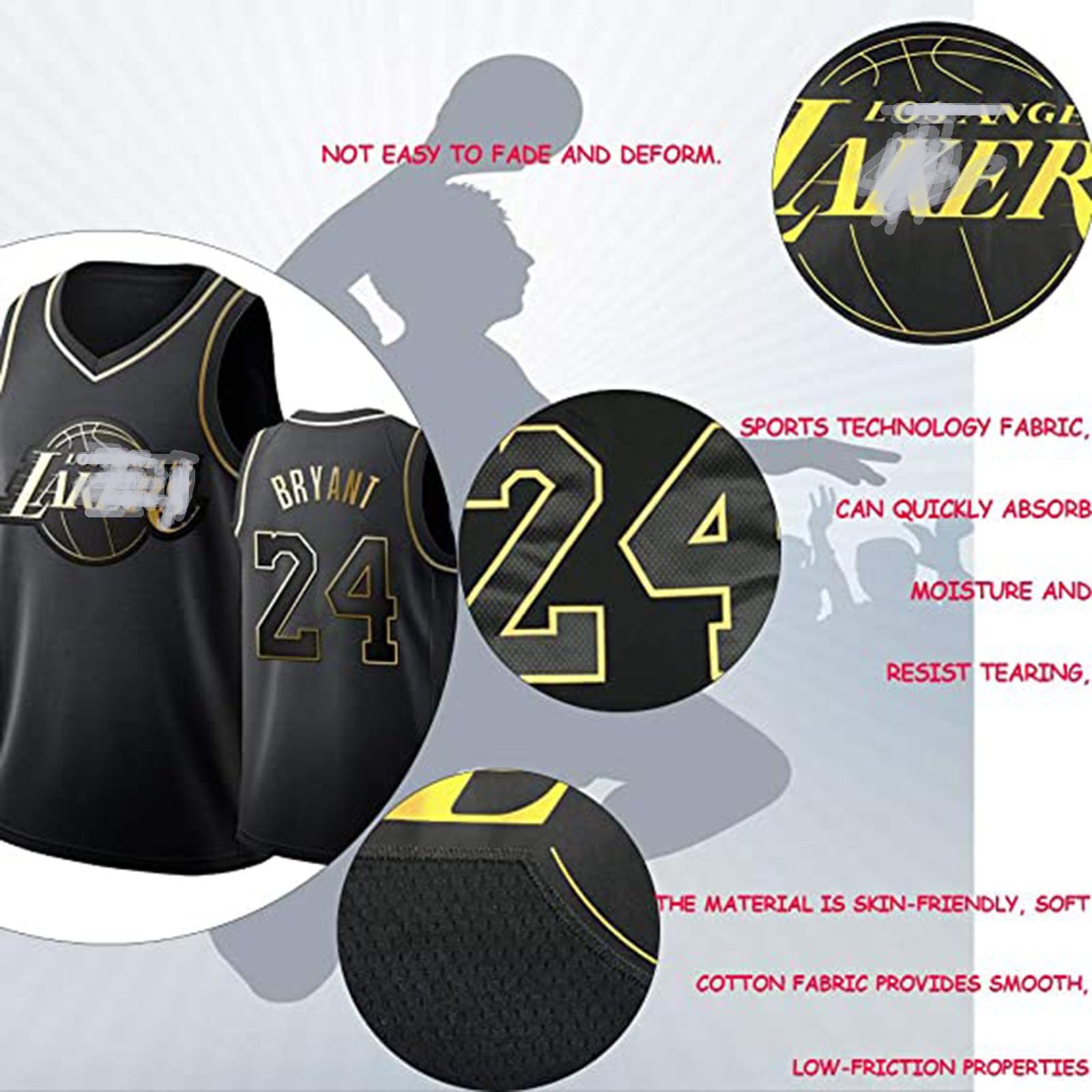 # 24 K o b e Black Gold Basketball Jersey,Unisex ärmelloses Sportweste Shirt.