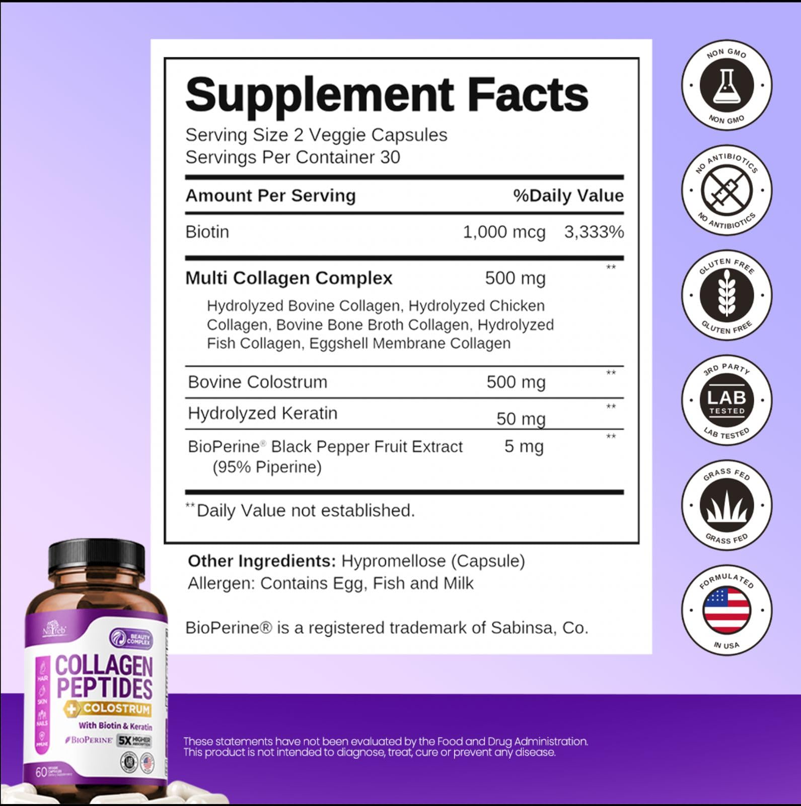 Hydrolyzed Multi Collagen Peptides with Colostrum for Women, 60 Capsules — Amazon image 3