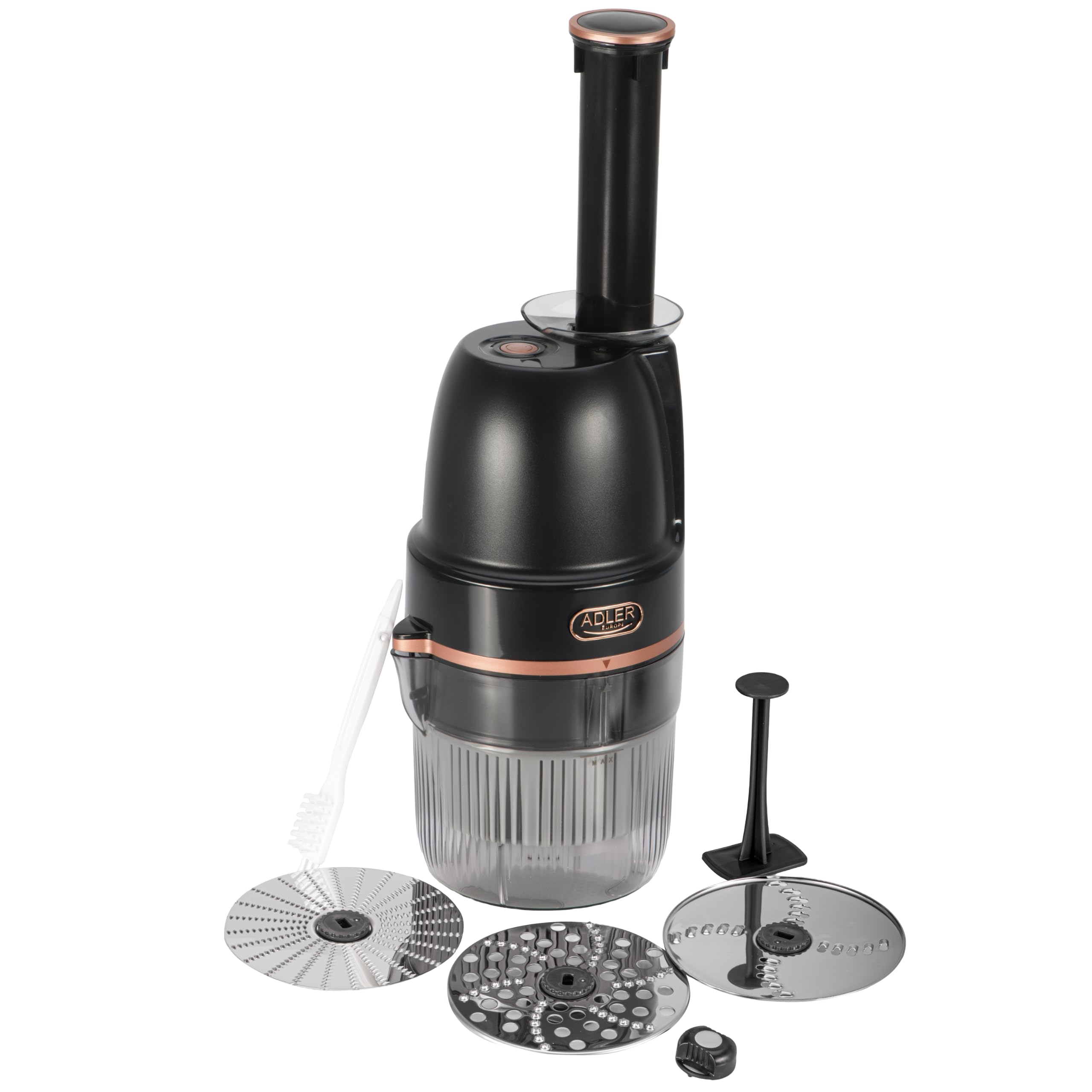 ADLER EUROPE Kompakt Elektrische Reibe 4-in-1 900ml - 4 Einsätze, 200W | Gemüse- und Obstreibe – für Kartoffeln, Zucchini, Obst und Nüsse, Pesto – Püree, Kartoffelpuffer – spülmaschinenfeste Teile
