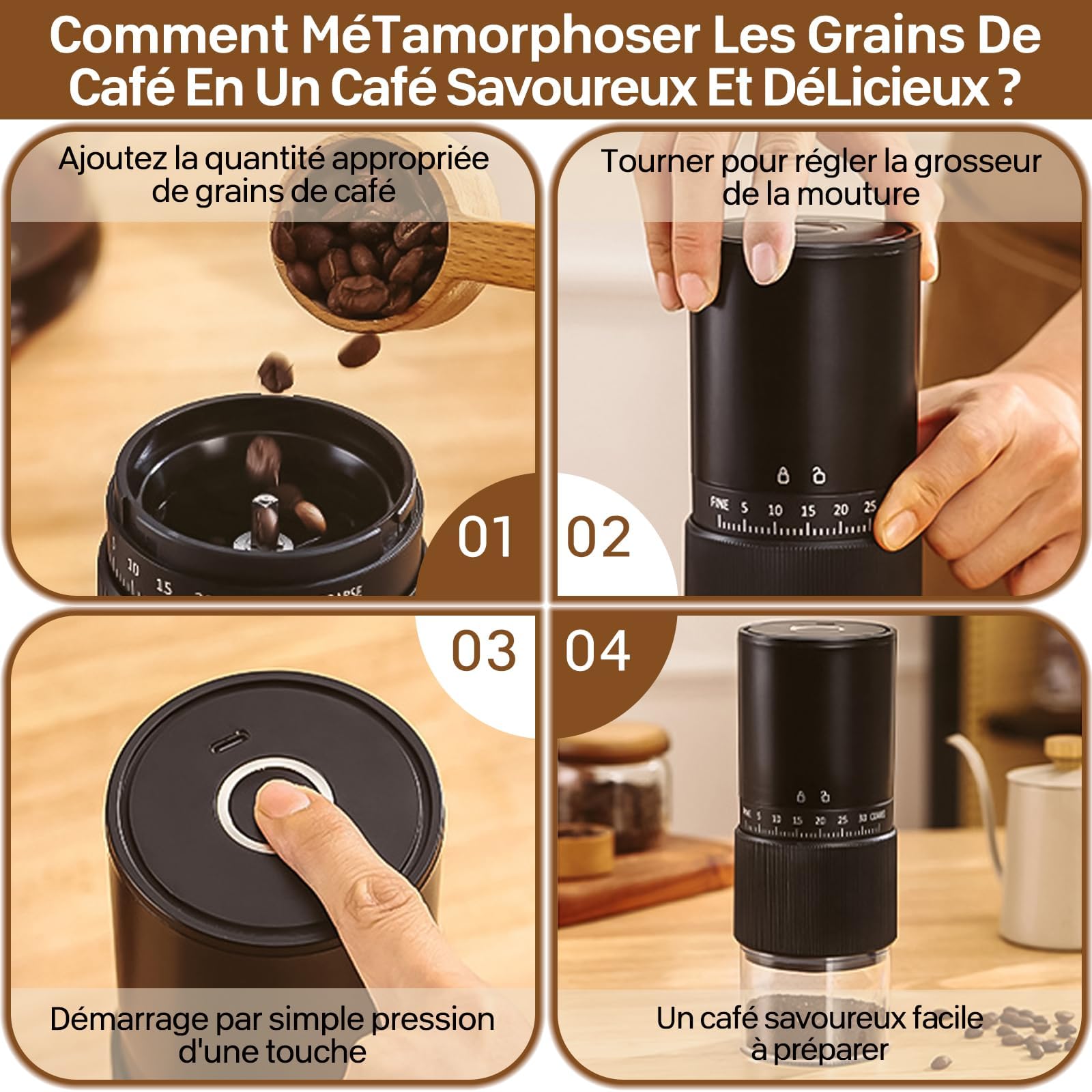 Moulin à Café, Moulin A Cafe Electrique, 30 RéGlages, Moulin à Café Sans Fil Rechargeable Avec Meule Conique En CéRamique Et Brosse De Nettoyage Broyeur Cafe Grain, Pour Le Voyage Et Le Camping